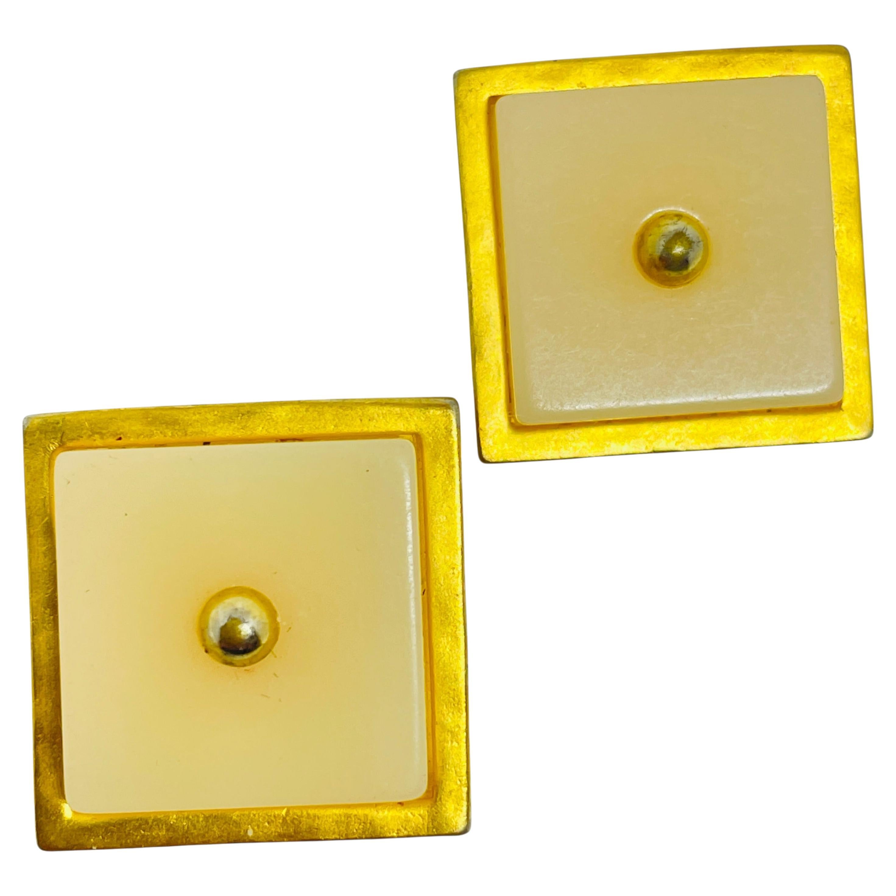 KARL LAGERFELD signed vintage matte gold square resin designer clip on earrings For Sale