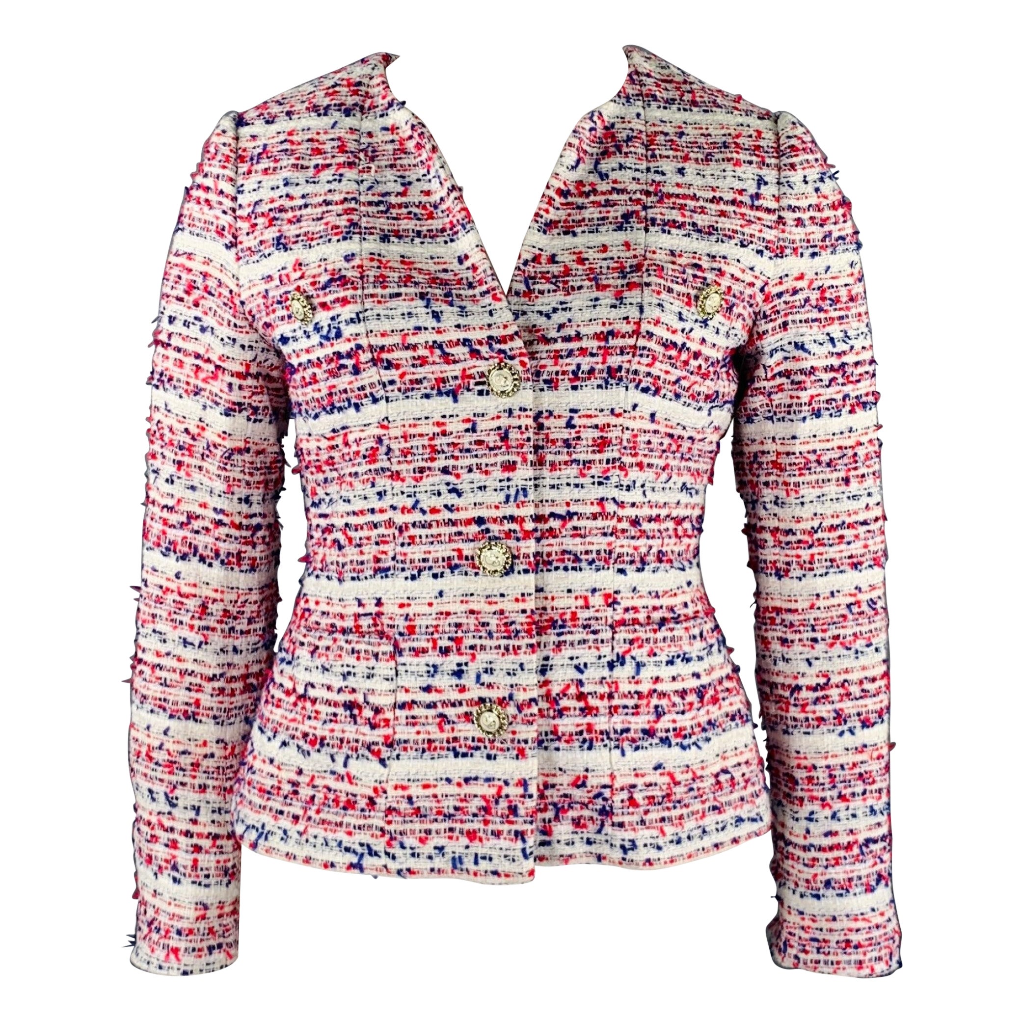 KARL LAGERFELD Size 10 White Red Blue Cotton Blend Boucle Jacket