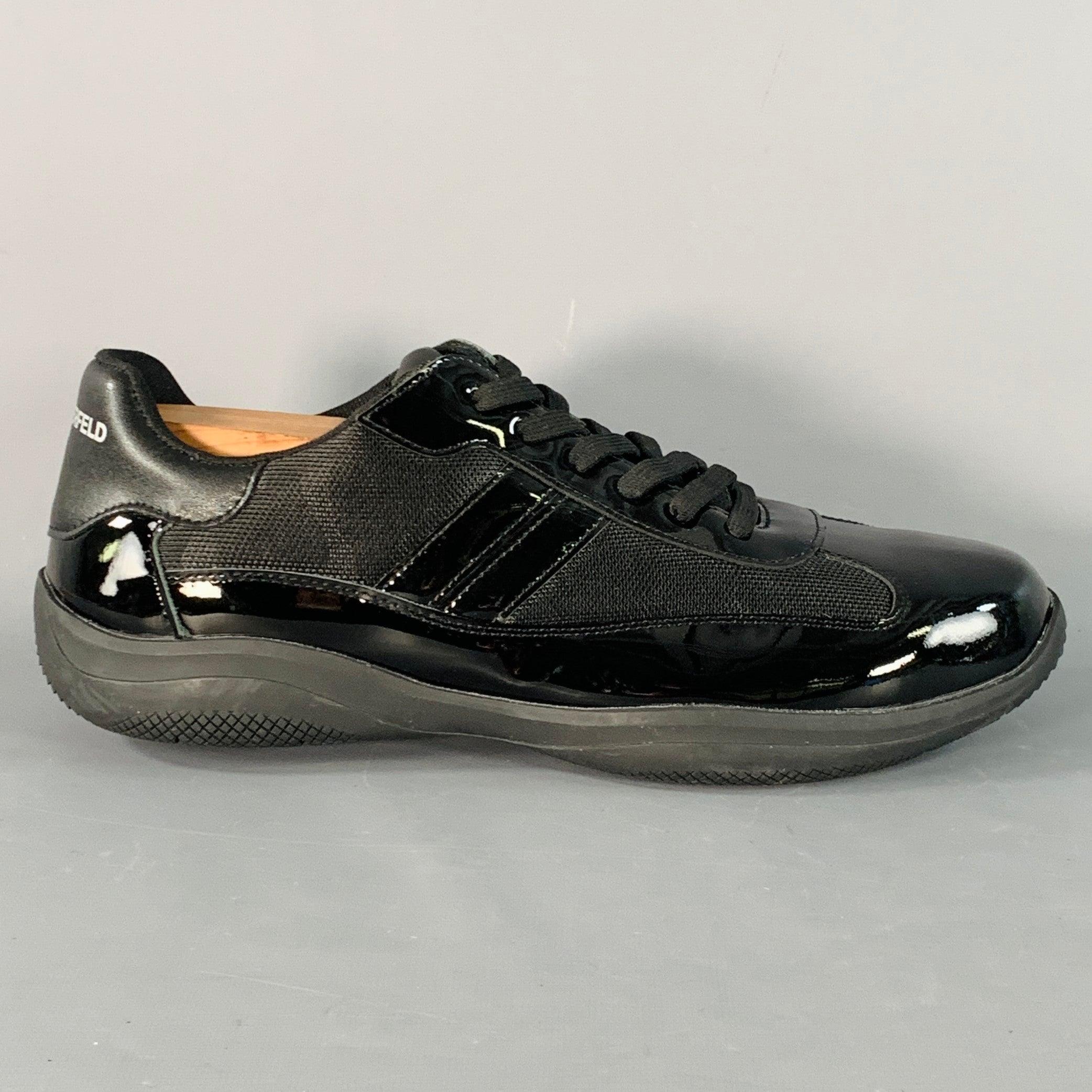 KARL LAGERFELD Turnschuhe
aus schwarzem Lackleder, mit niedrigem Schaft, Gummisohle und Schnürverschluss. Schuhspanner nicht inbegriffen Ausgezeichneter Pre-Owned Zustand. 

Markiert:   12M/45Außensohle: 12,25 x 4,5 Zoll 
  
  
 
Sui
