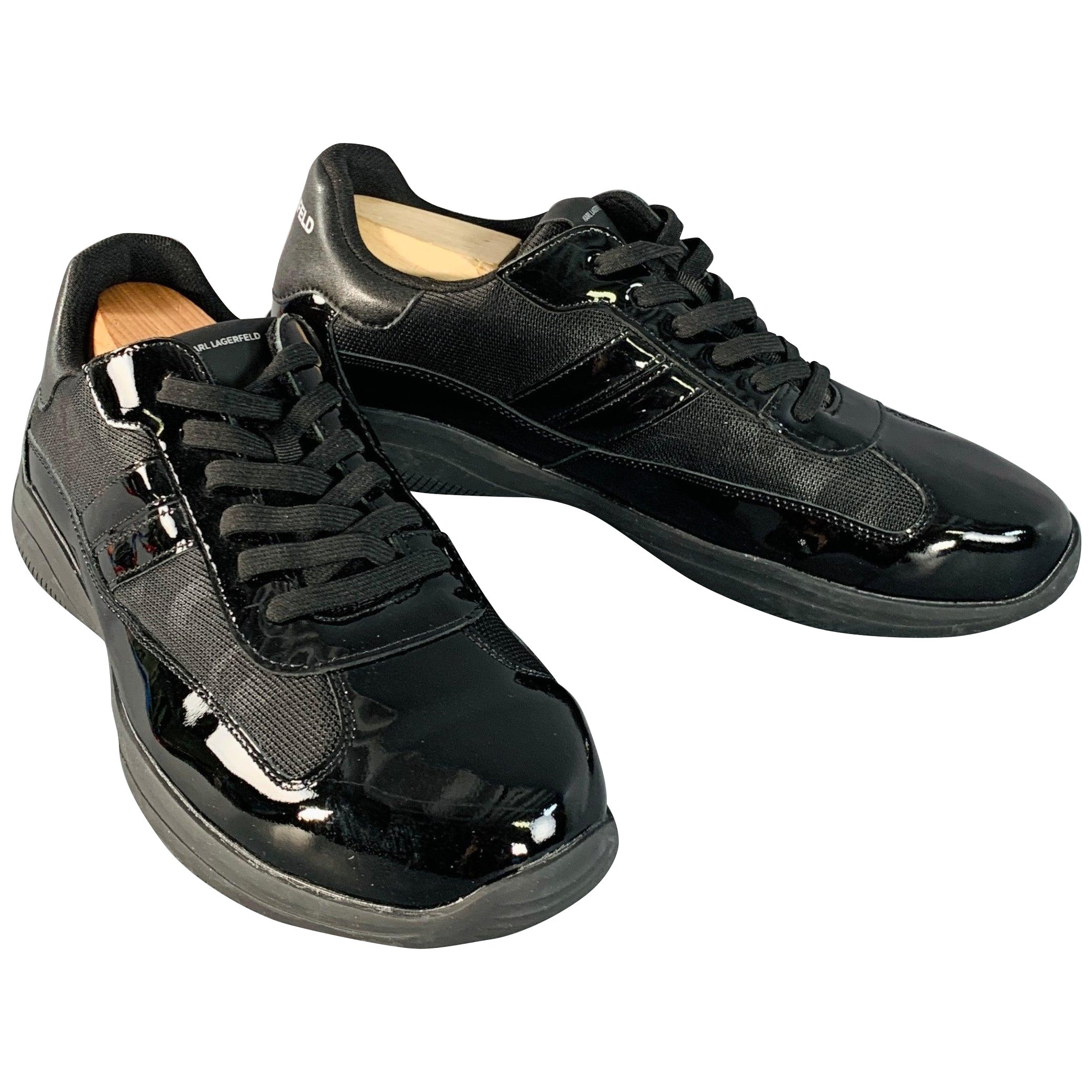 KARL LAGERFELD Taglia 12 Scarpe da ginnastica basse in pelle verniciata nera con suola in gomma