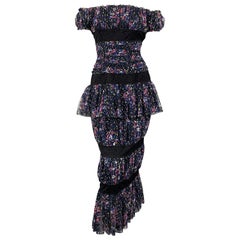 Vintage KARL LAGERFELD Size 6 Blue Rushed Floral Mesh Black Lace Maxi Sheath Dress