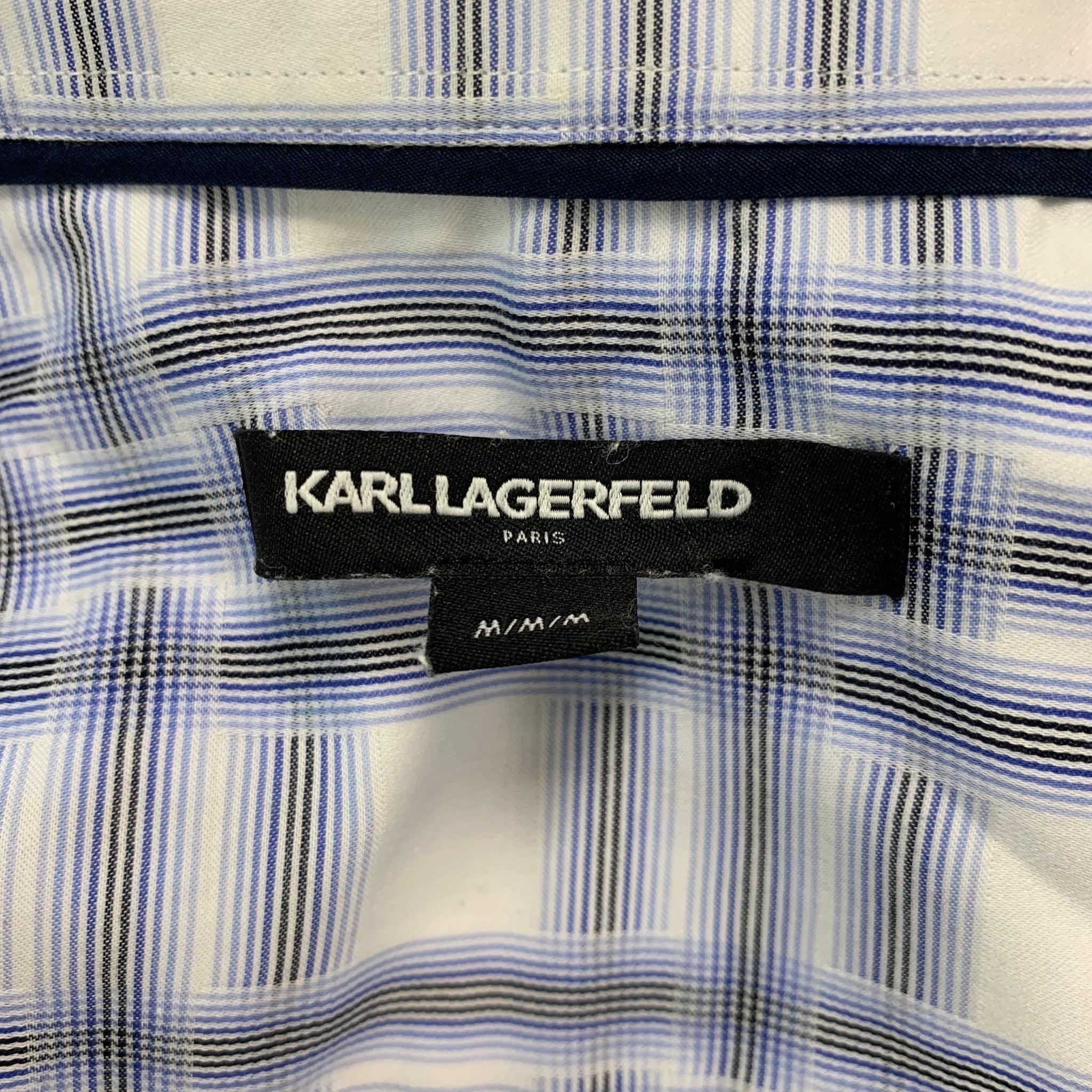 Men's KARL LAGERFELD Size M Blue White Print Cotton Snaps Short Sleeve Shirt For Sale