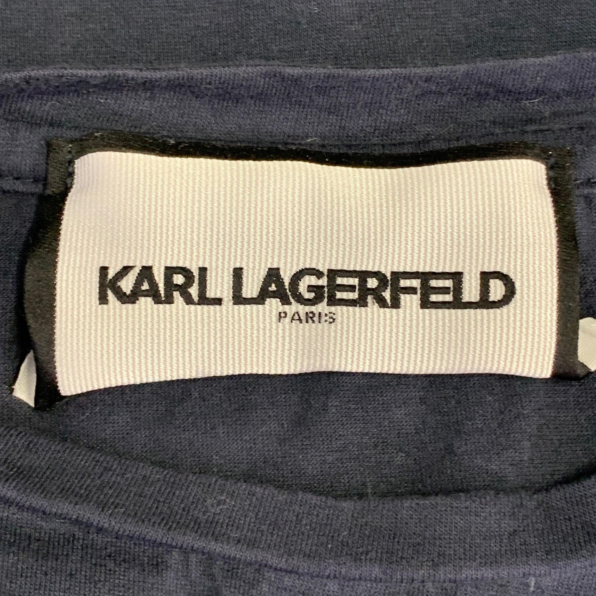 Women's KARL LAGERFELD Size M Navy White Cotton Embroidered Logo Crew Neck T-Shirt For Sale
