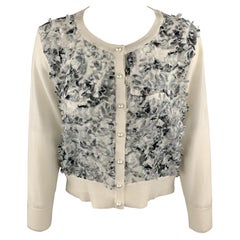 KARL LAGERFELD Size M White Knit Floral Textured Chiffon Front Cardigan