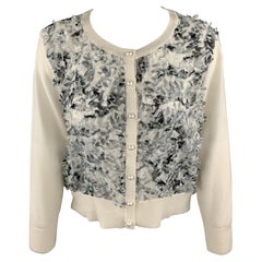 KARL LAGERFELD Size M White Knit Floral Textured Chiffon Front Cardigan