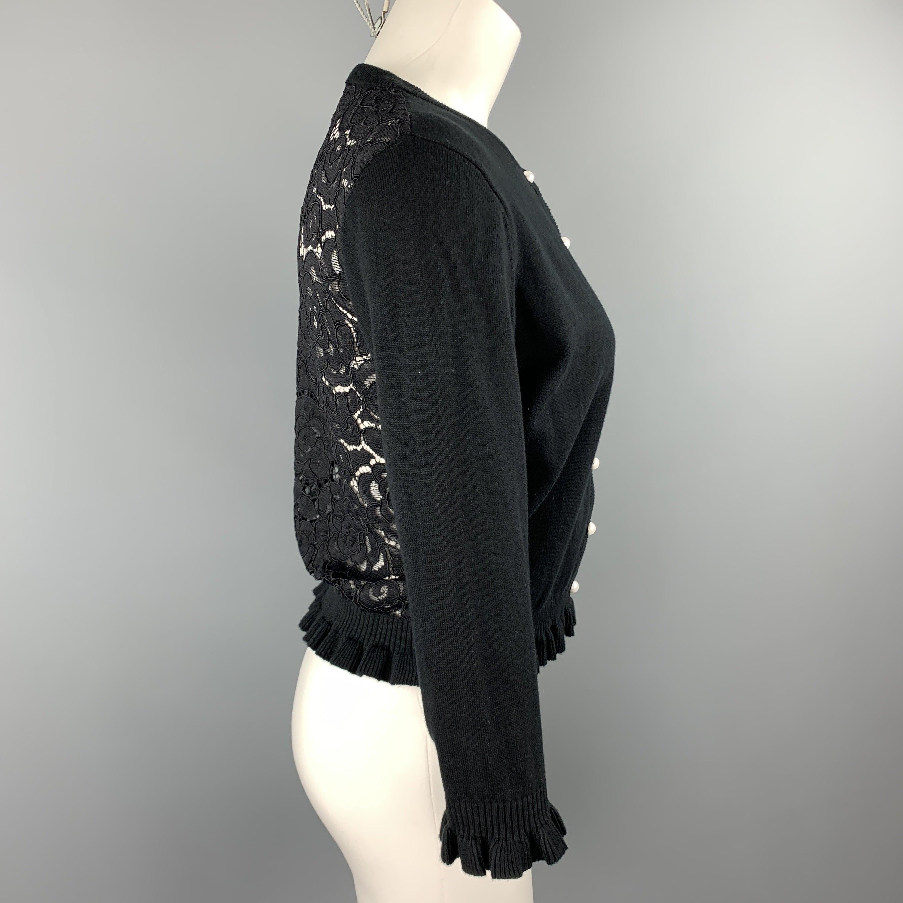 KARL LAGERFELD Size XS Black Cotton Blend Lace Back Ruffle Cardigan In Good Condition For Sale In San Francisco, CA