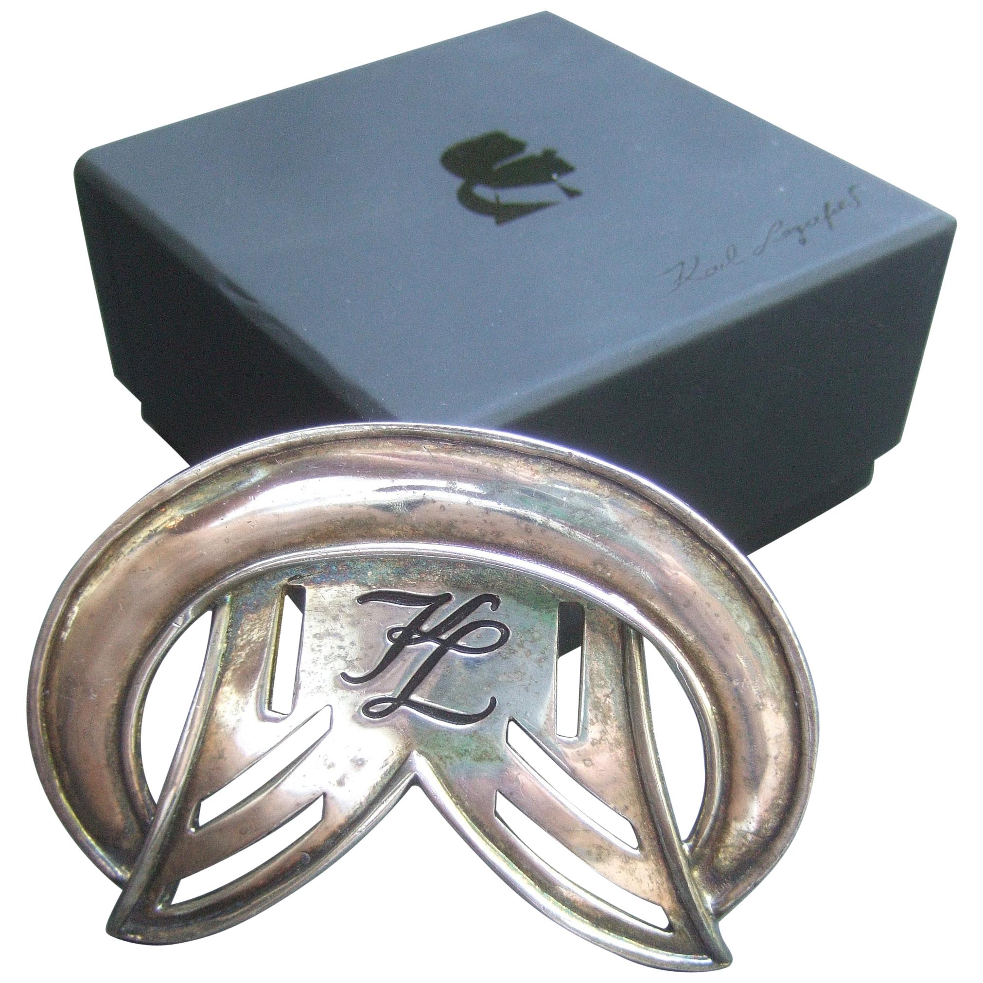 Karl Lagerfeld Sleek Large Silver Metal Brooch in Lagerfeld Box c 1980s For Sale