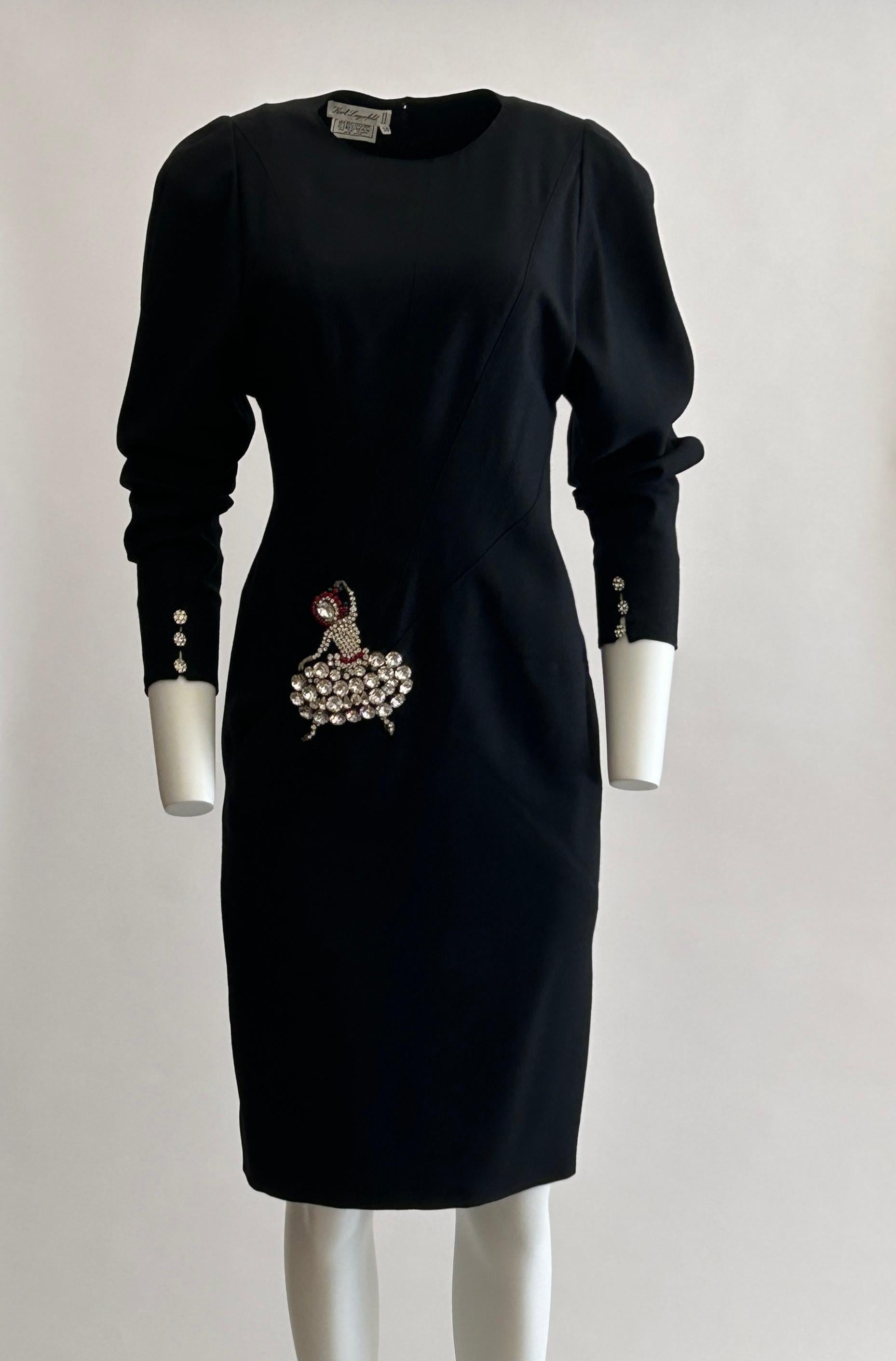 Karl Lagerfeld vintage 1980s black wool long sleeve dress with embellished rhinestone/crystal ballerina at front and great seam detailing at bodice. Leg of mutton sleeves with rhinestone embellished buttons at cuffs. Small pocket at one side of
