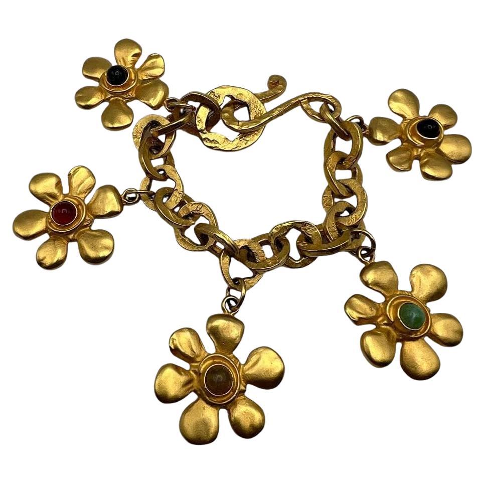 Karl Lagerfeld Vintage 24k Gold Plated Daisy Flower Charm Bracelet, 1980s For Sale