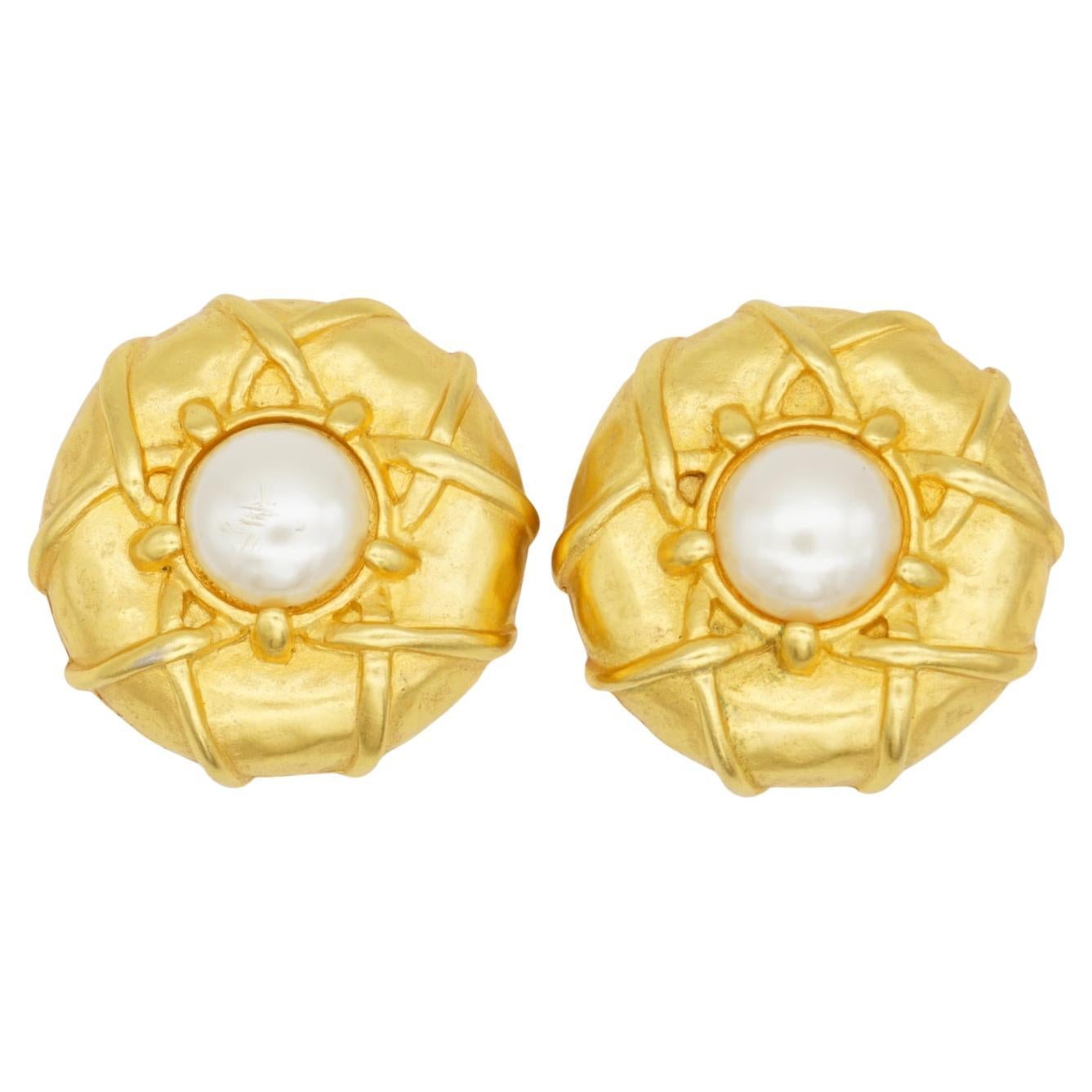 Karl Lagerfeld Vintage Baroque Cross Circle Round White Pearl Gold Clip Earrings For Sale
