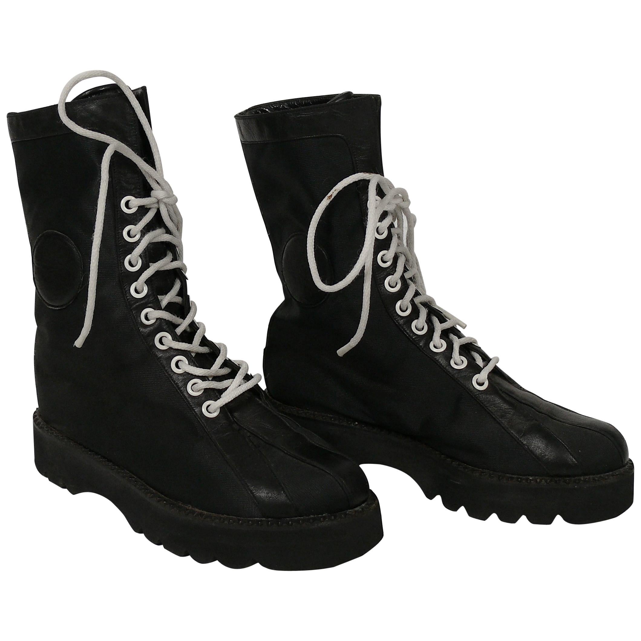 Karl Lagerfeld Vintage Black Lace Up Combat Boots For Sale