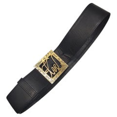 Karl Lagerfeld Vintage Black Leather & Gold Tone Logo Buckle Belt