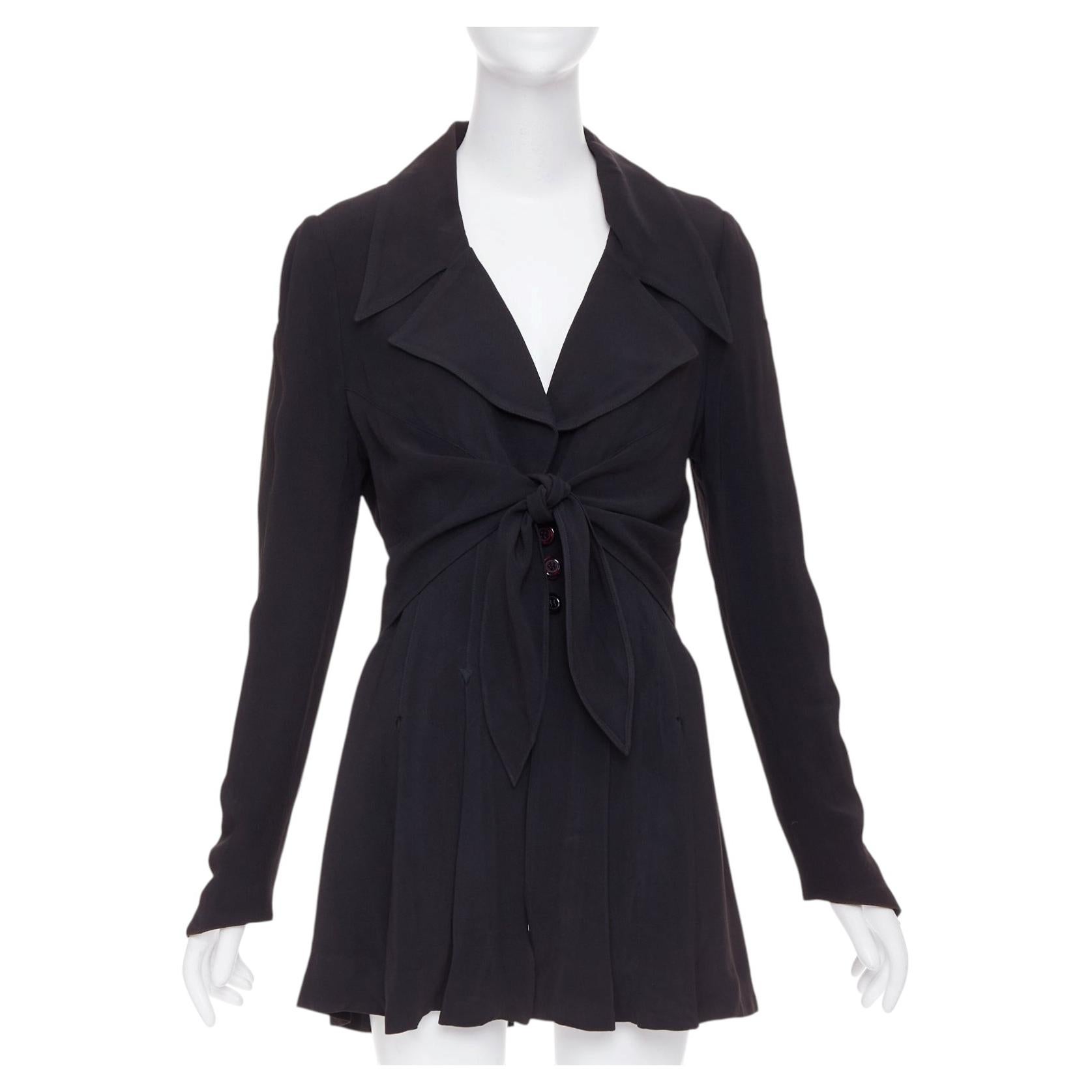 KARL LAGERFELD Vintage black tie front pleated hem wool crepe coat FR44 2XL For Sale