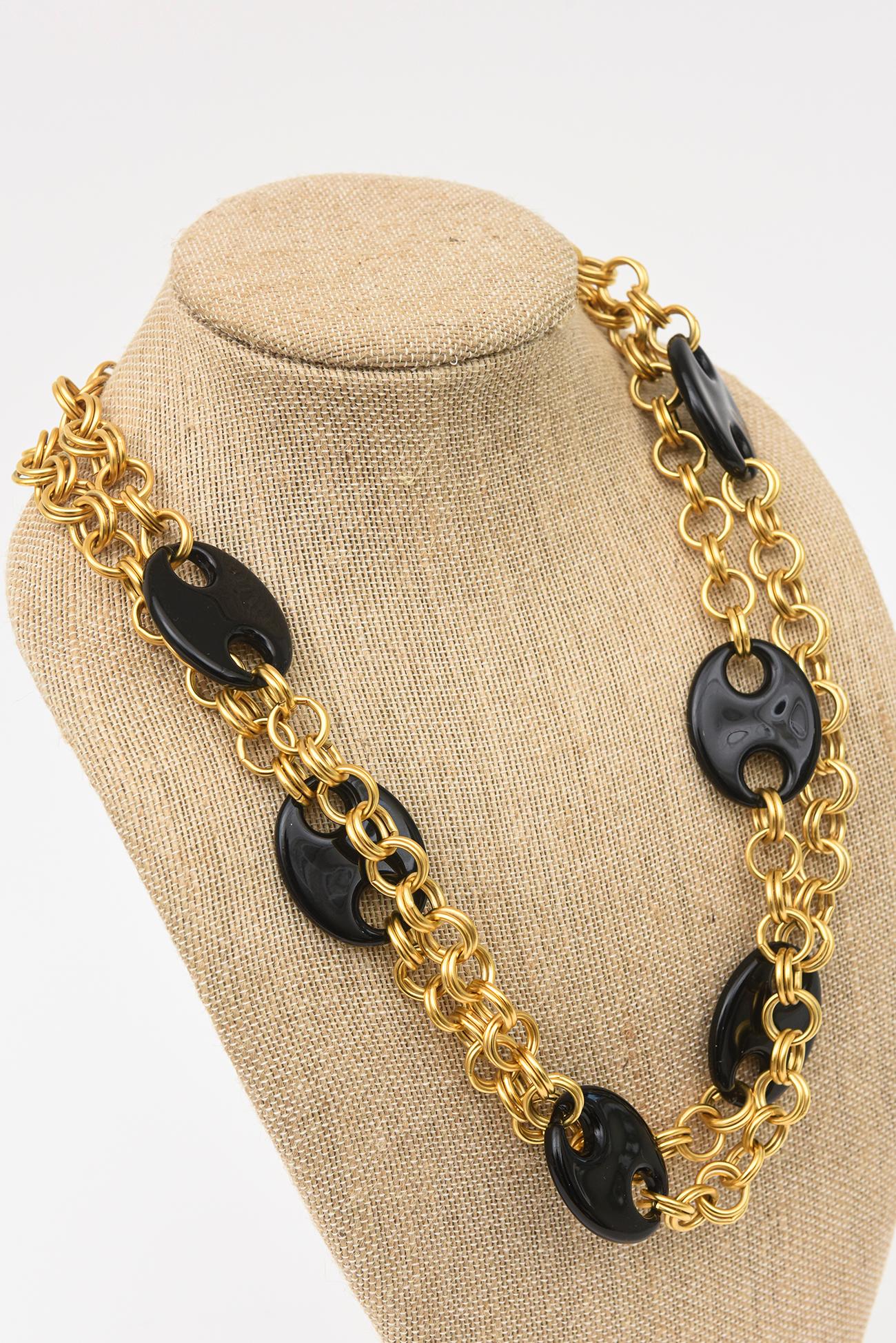 Karl Lagerfeld Vintage Brass Chain And Black Resin Disks Mariner Wrap Necklace For Sale 4
