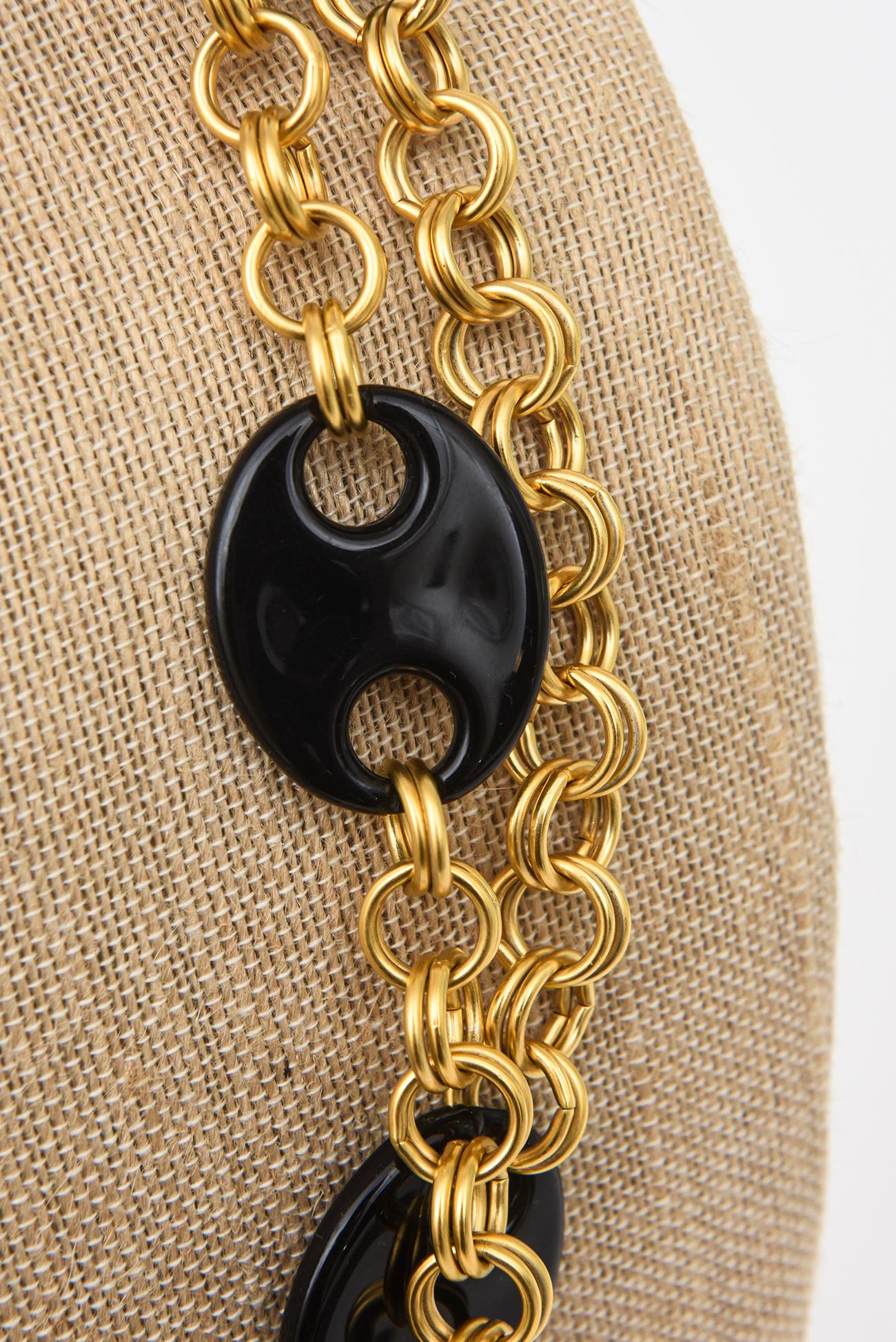 Karl Lagerfeld Vintage Brass Chain And Black Resin Disks Mariner Wrap Necklace For Sale 5