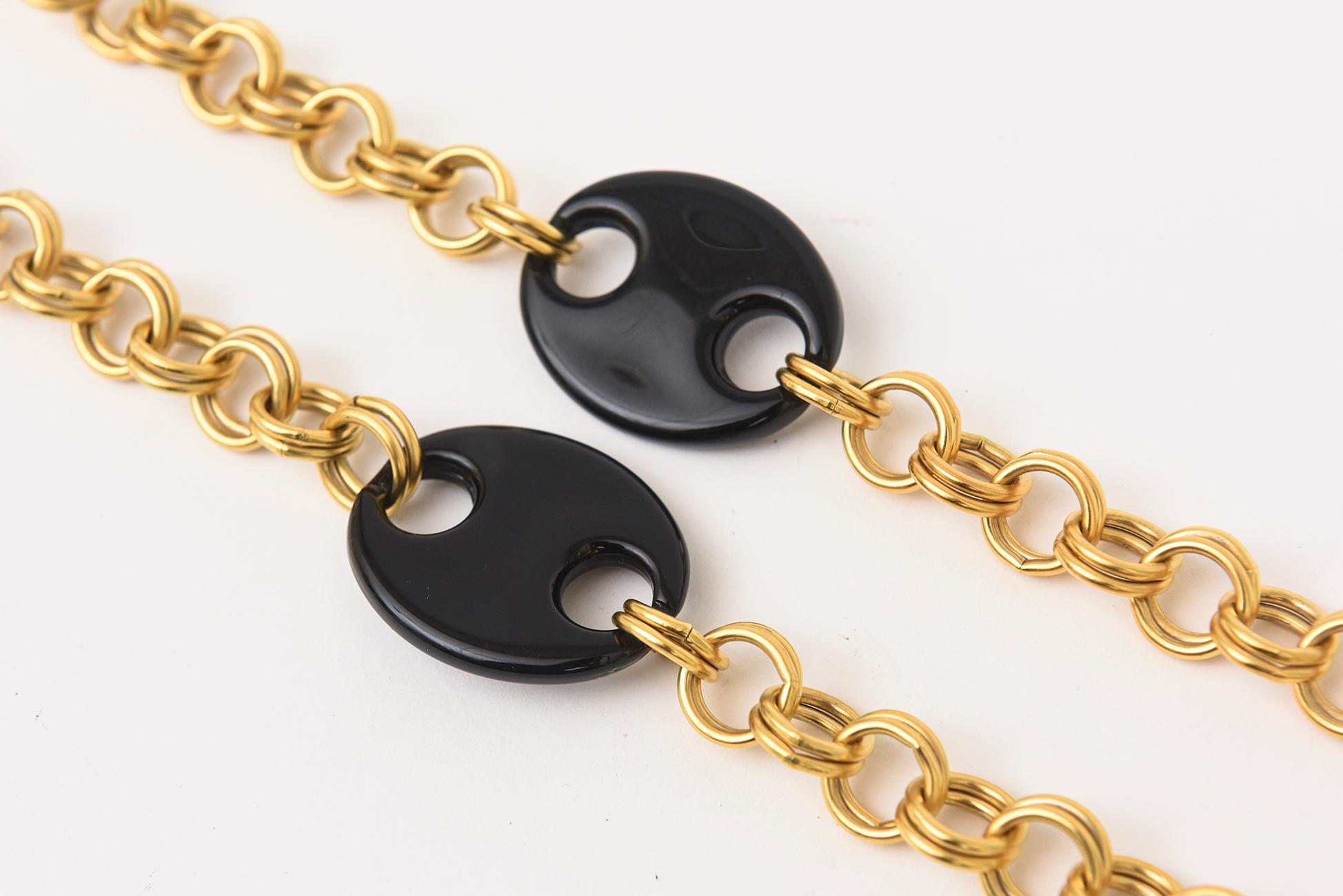 Karl Lagerfeld Vintage Brass Chain And Black Resin Disks Mariner Wrap Necklace For Sale 6