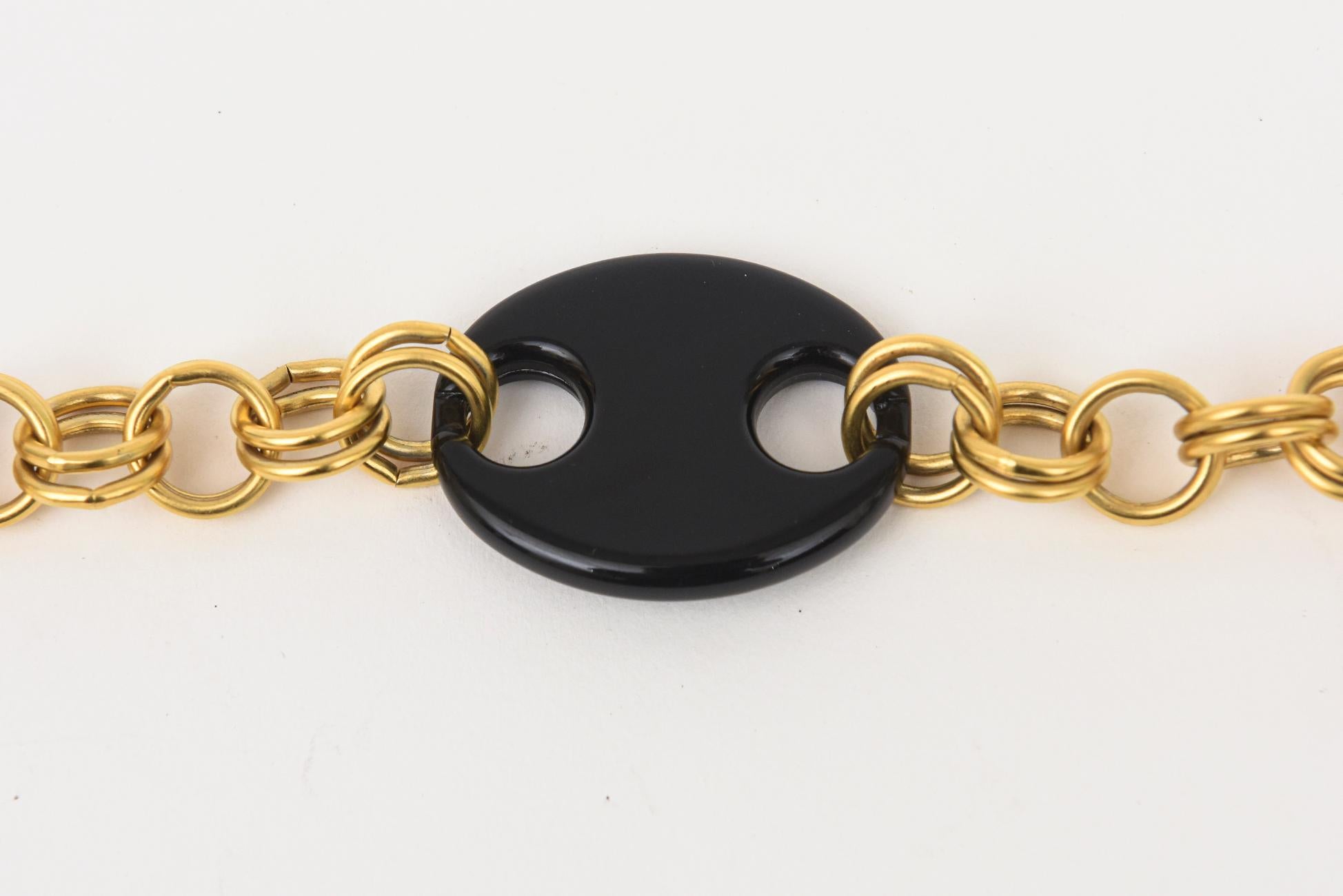 Modern Karl Lagerfeld Vintage Brass Chain And Black Resin Disks Mariner Wrap Necklace For Sale