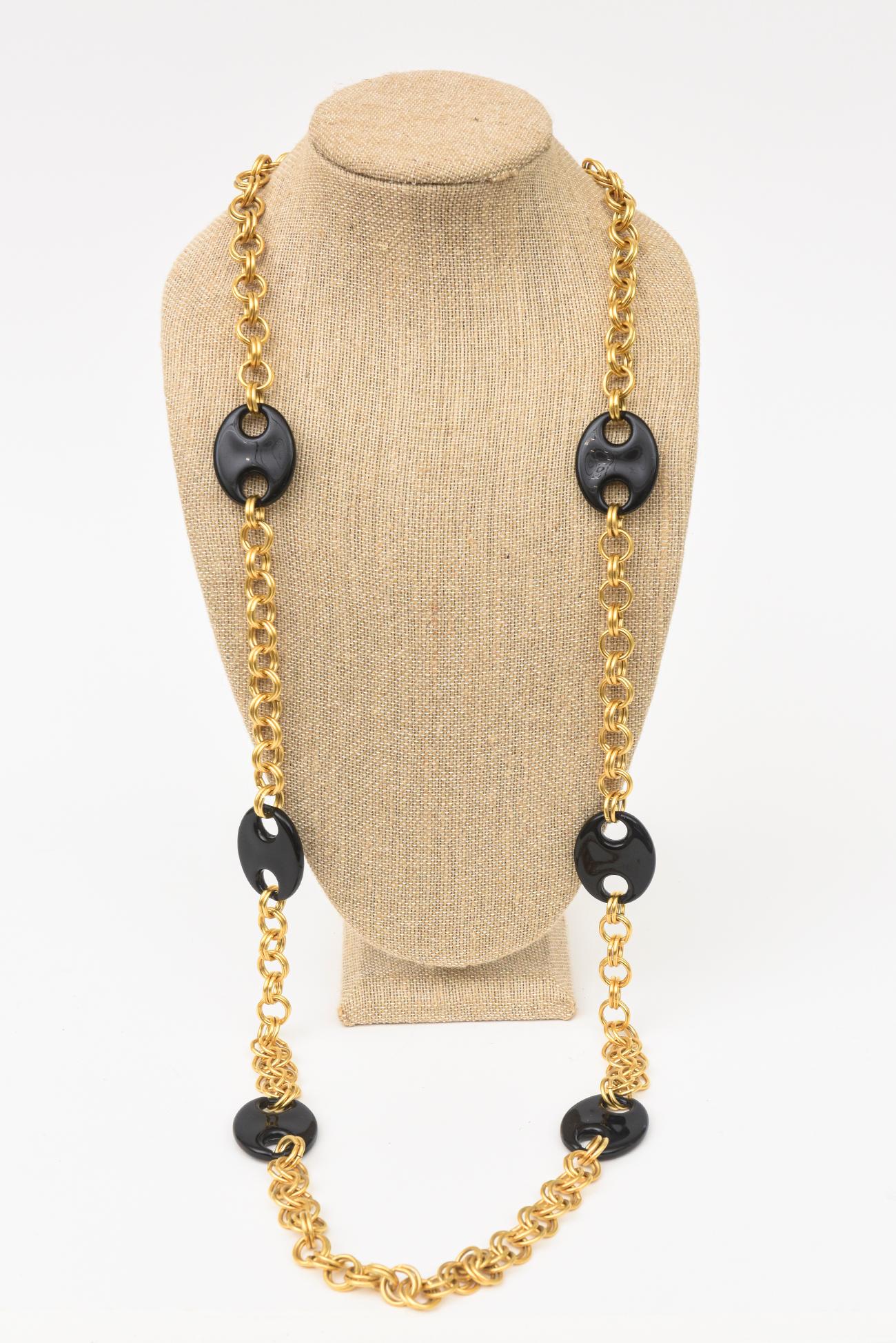 Karl Lagerfeld Vintage Brass Chain And Black Resin Disks Mariner Wrap Necklace For Sale 2