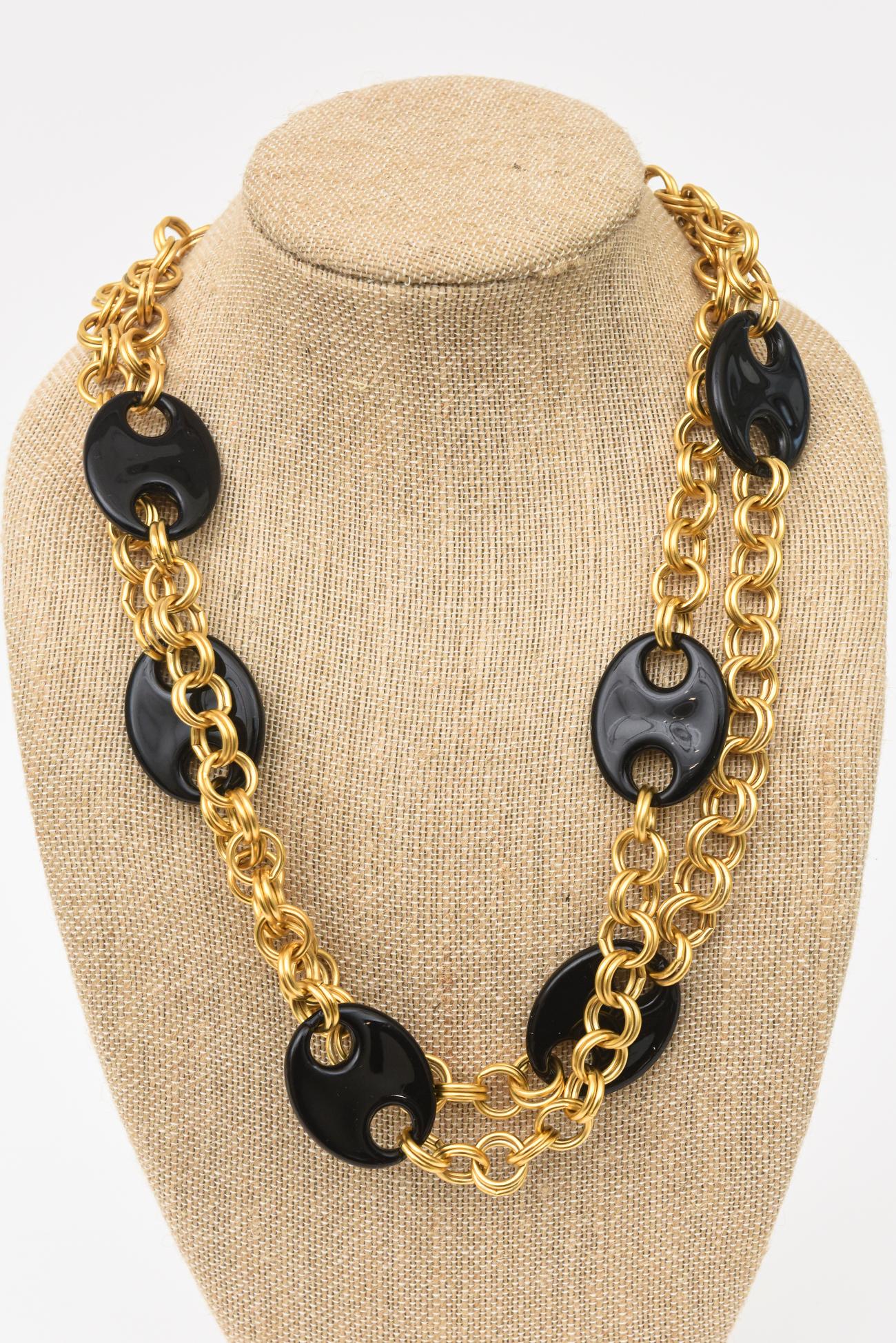 Karl Lagerfeld Vintage Brass Chain And Black Resin Disks Mariner Wrap Necklace For Sale 3