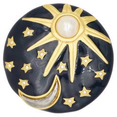 Karl Lagerfeld Vintage Gold Large Blue Sun Moon Stars Pearl Circle Chunky Brooch