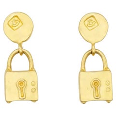 Karl Lagerfeld Vintage Gold Padlock Circle Logo Modernist Drop Pierced Earrings