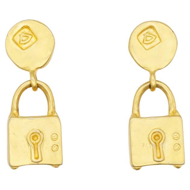 Karl Lagerfeld Vintage Gold Padlock Circle Logo Modernist Drop Pierced Earrings For Sale