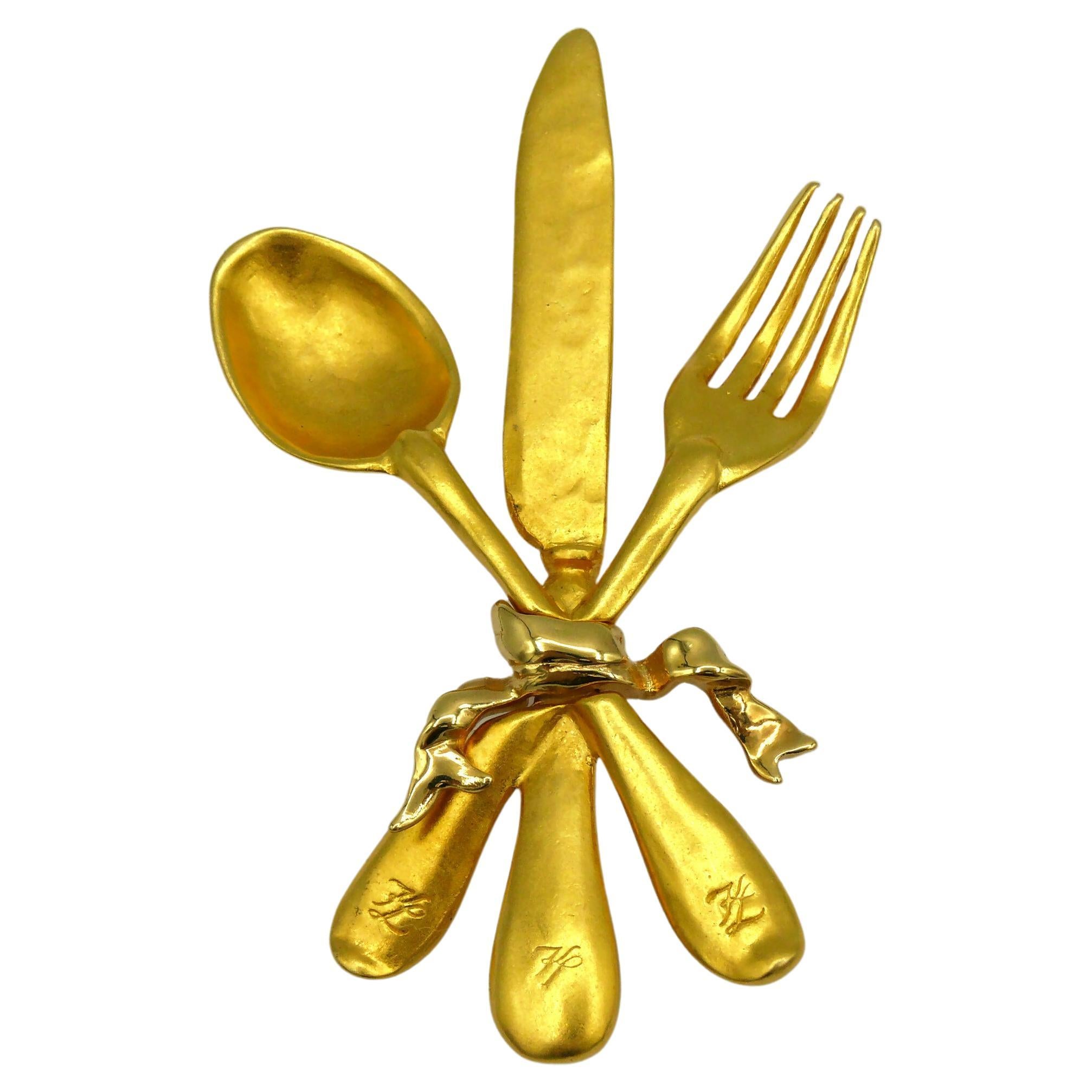 KARL LAGERFELD Vintage Gold Tone Cutlery Set Brooch For Sale