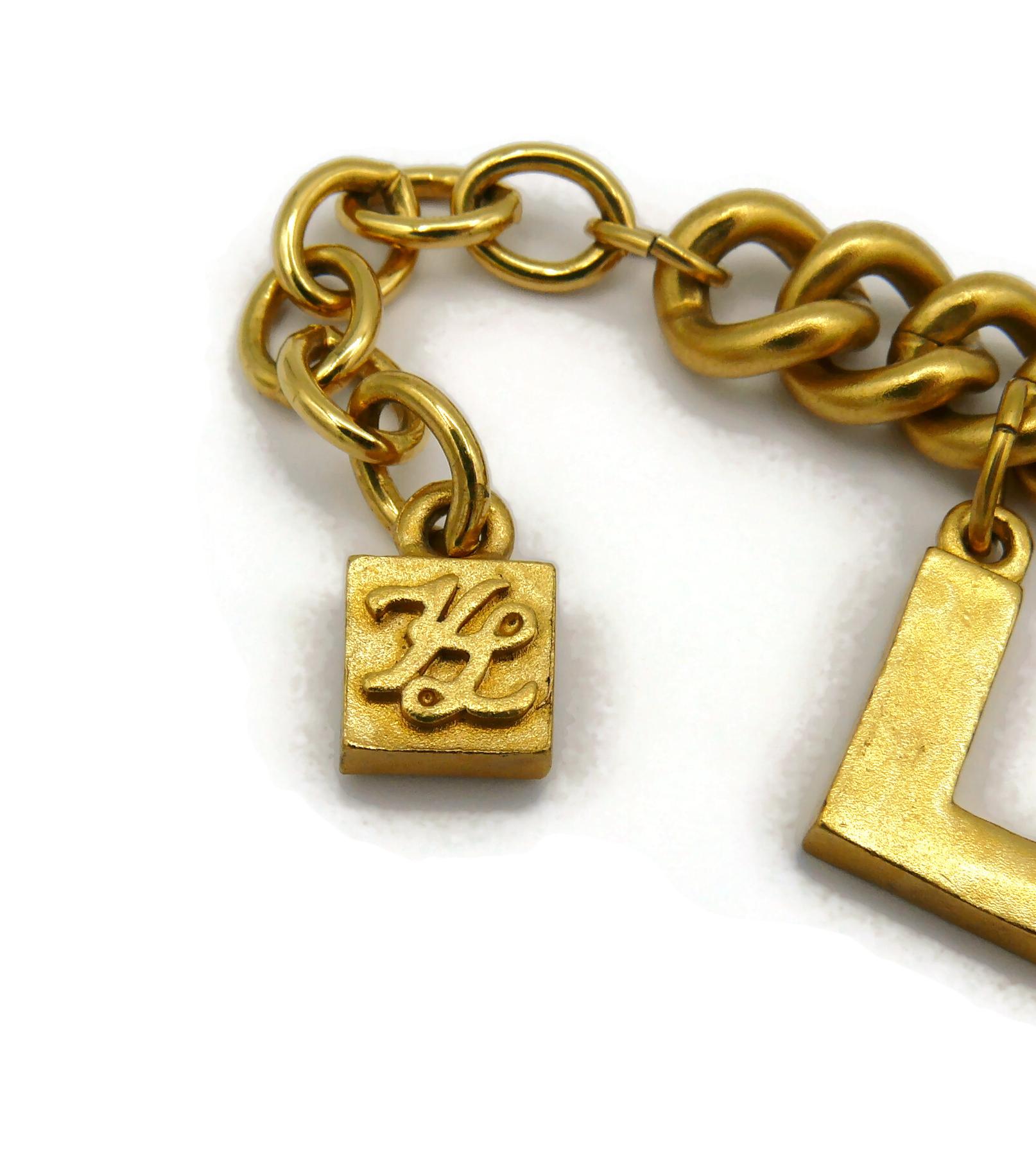 KARL LAGERFELD Vintage Gold Tone Lettering Charm Bracelet For Sale 5