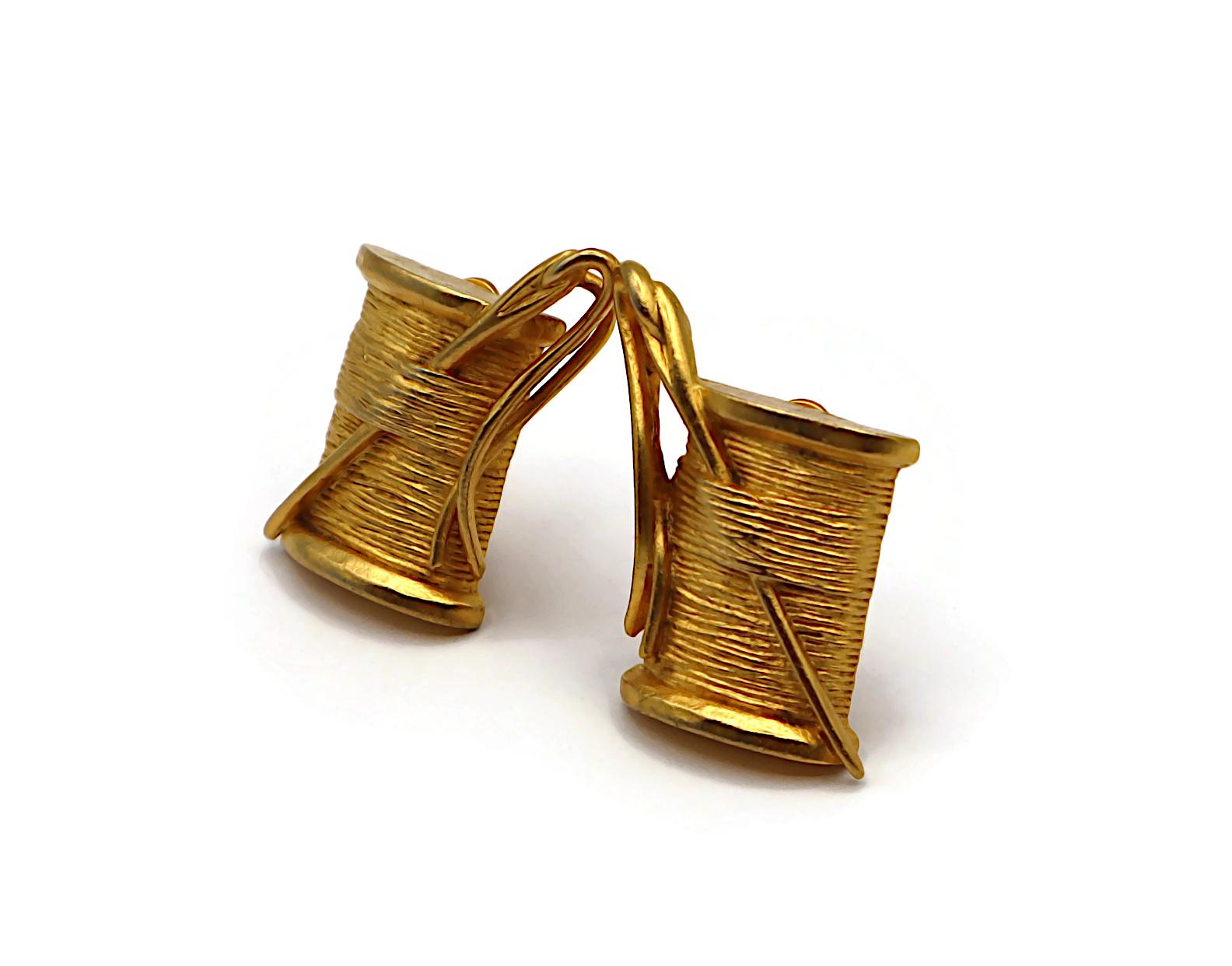 KARL LAGERFELD Vintage Gold Tone Needle & Thread Clip-On Earrings For Sale 1