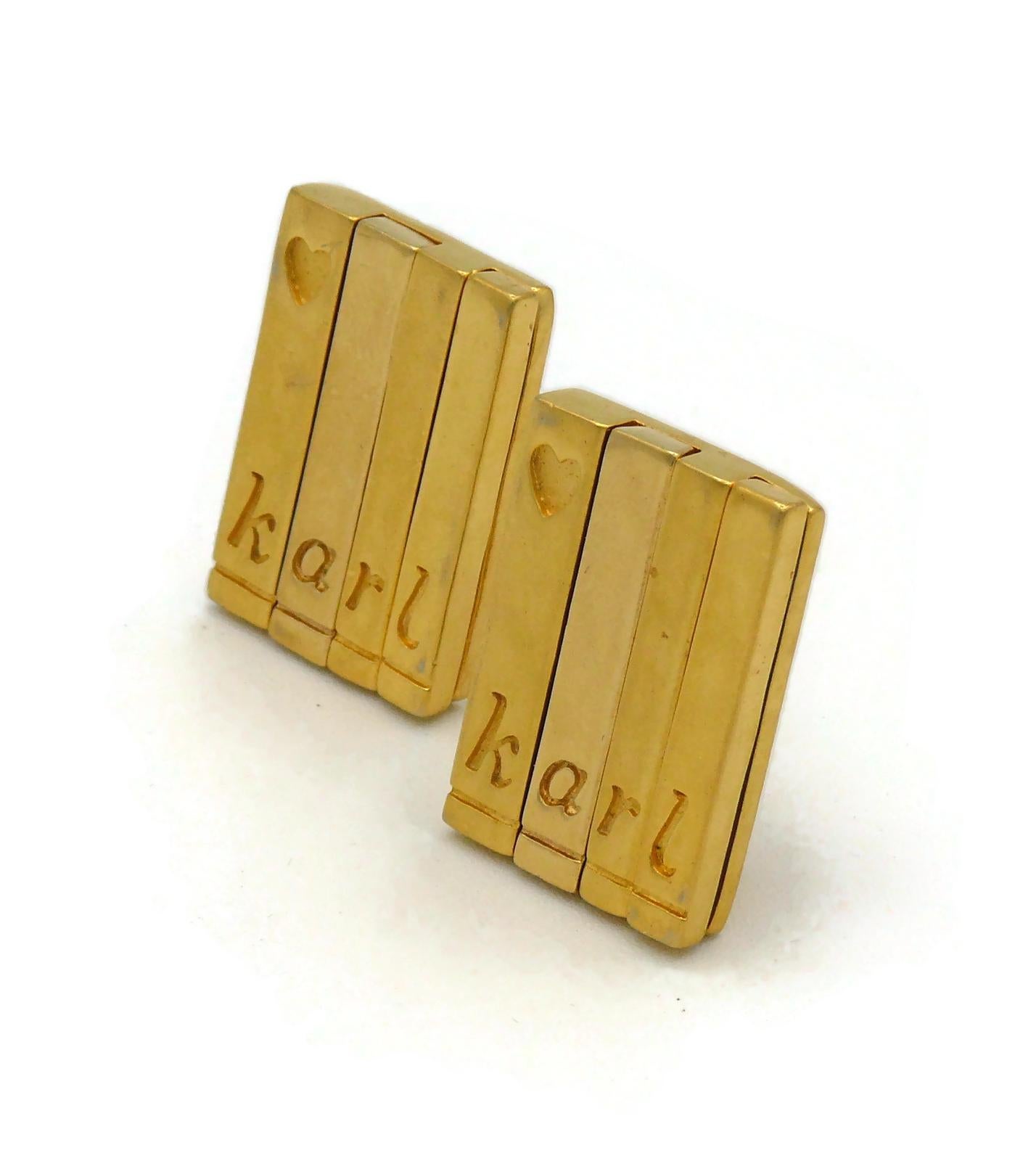 Karl Lagerfeld Vintage Gold Toned Book Spines Clip-On Earrings In Good Condition For Sale In Nice, FR