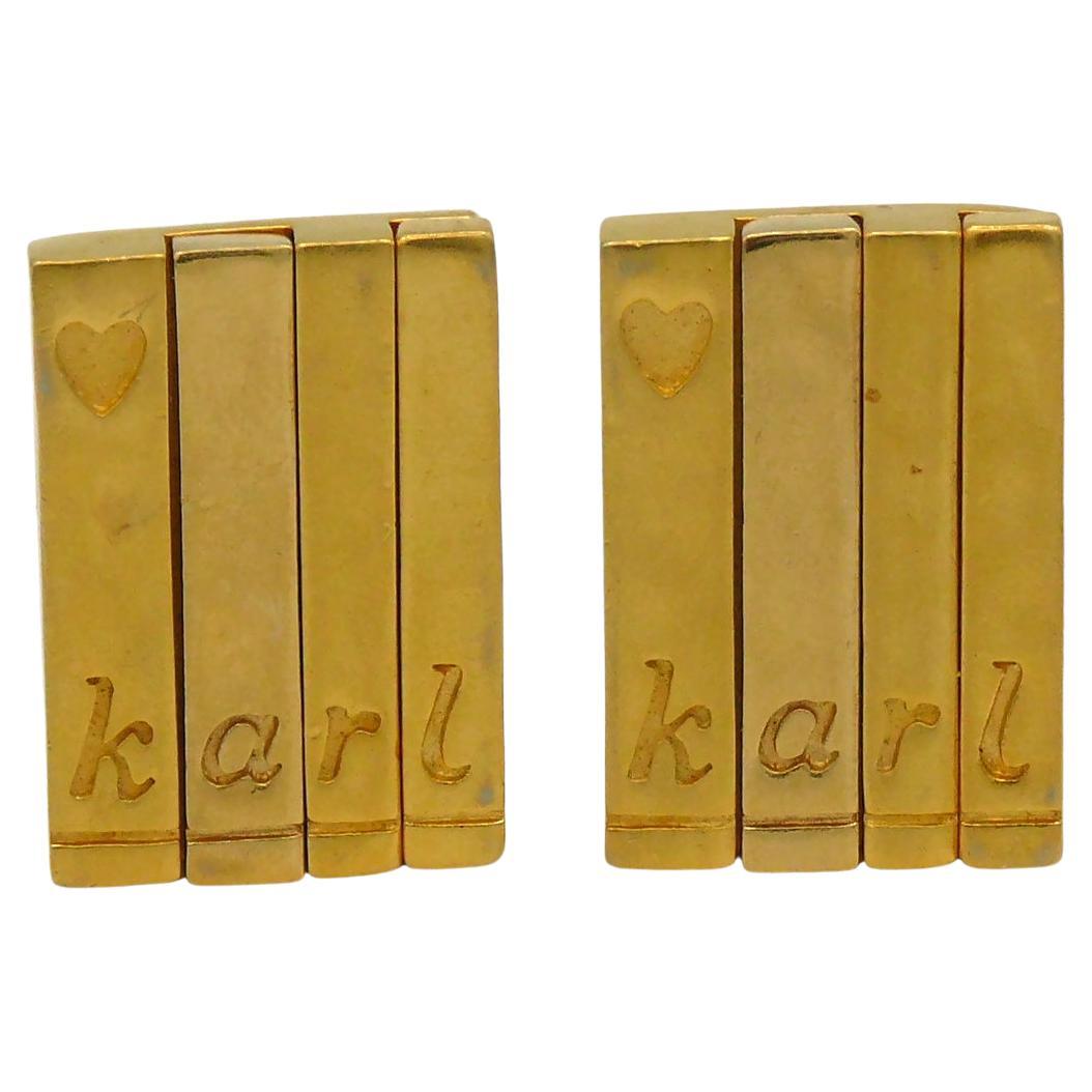 Karl Lagerfeld Vintage Gold Toned Book Spines Clip-On Earrings For Sale