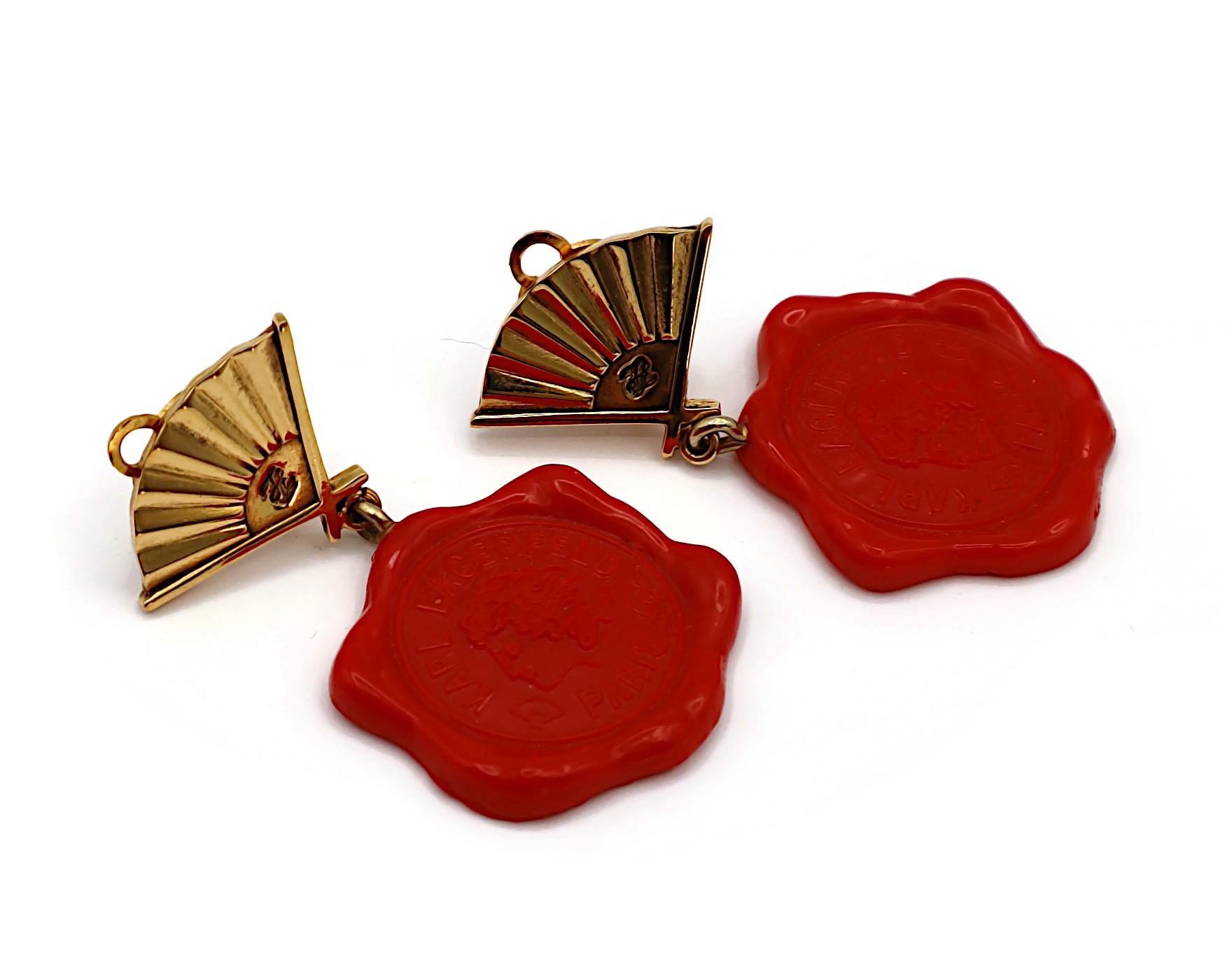 KARL LAGERFELD Vintage Iconic Profile Wax Seal Fan Dangle Earrings In Good Condition For Sale In Nice, FR