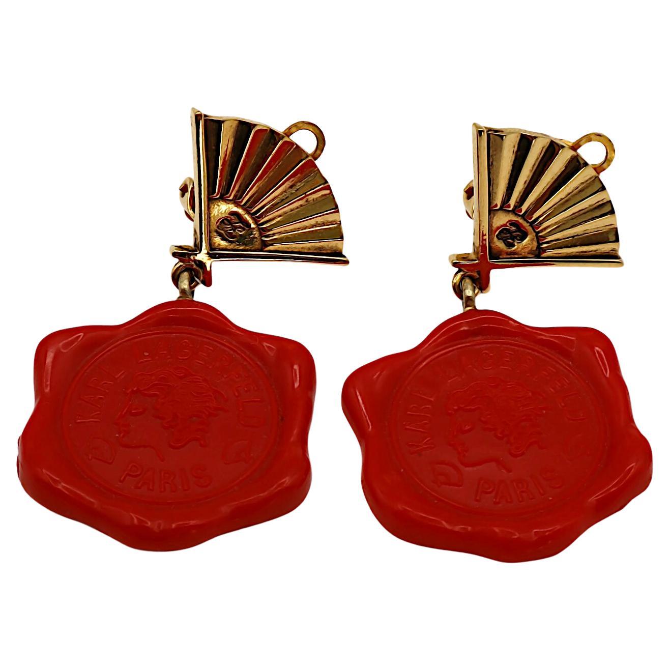 KARL LAGERFELD Vintage Iconic Profile Wax Seal Fan Dangle Earrings For Sale