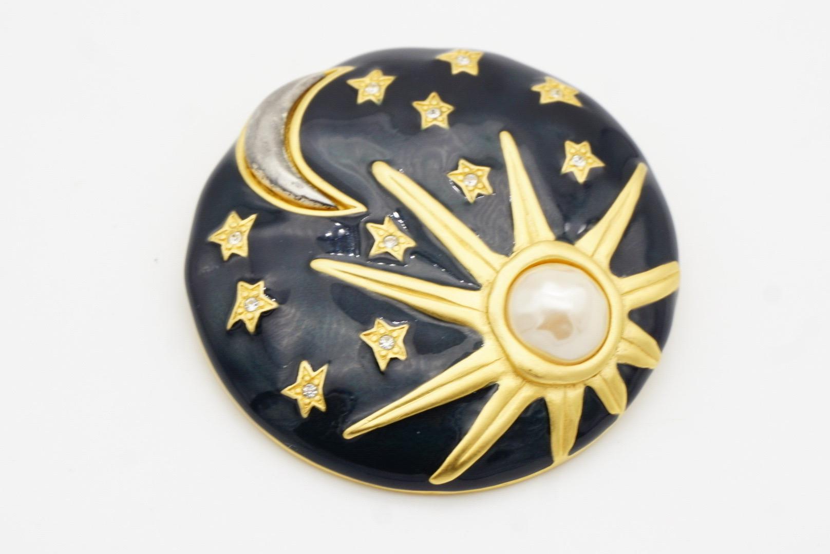 Karl Lagerfeld Vintage Large Navy Circle Sun Moon Stars Pearl Crystals Brooch For Sale 6