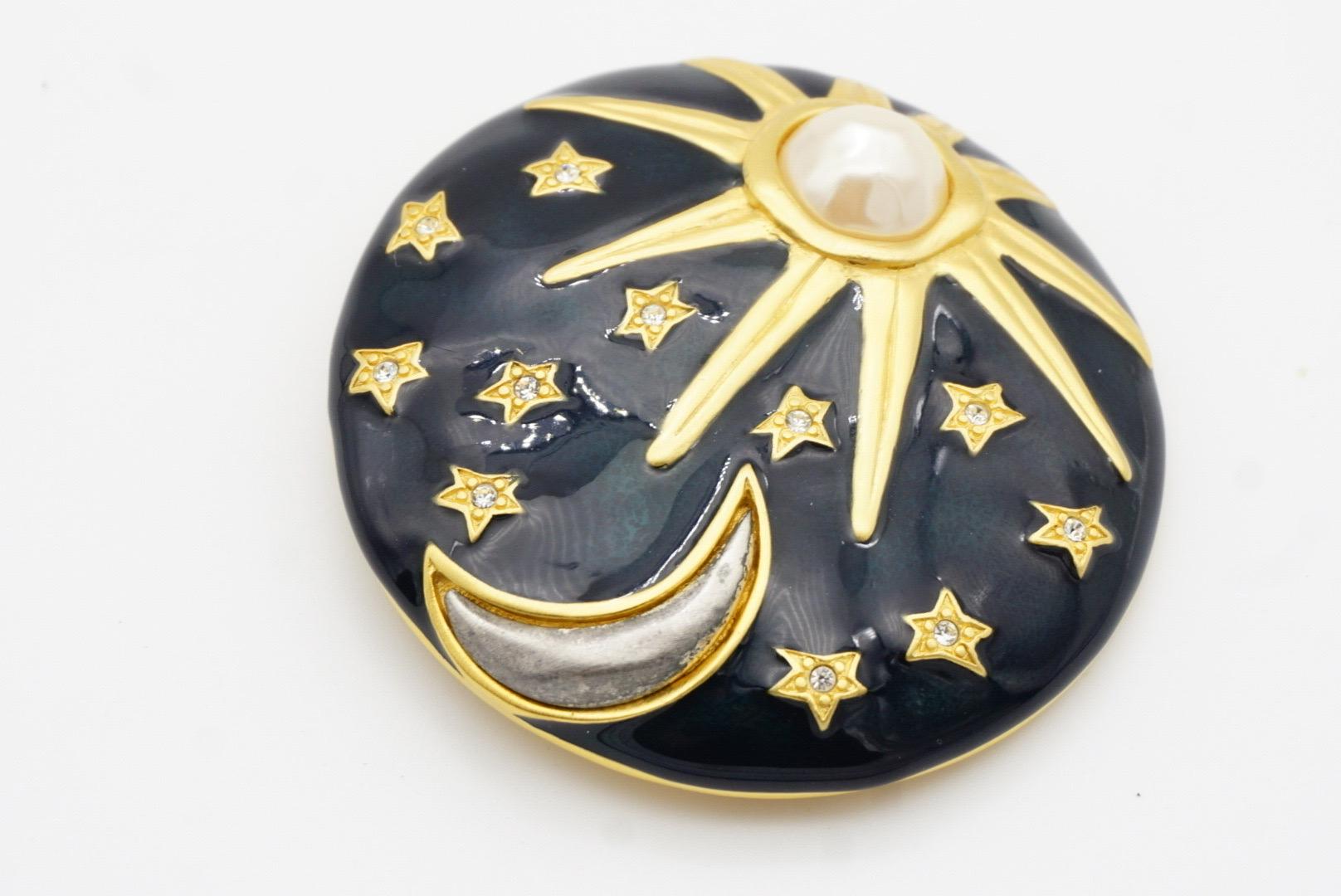 Karl Lagerfeld Vintage Large Navy Circle Sun Moon Stars Pearl Crystals Brooch For Sale 7