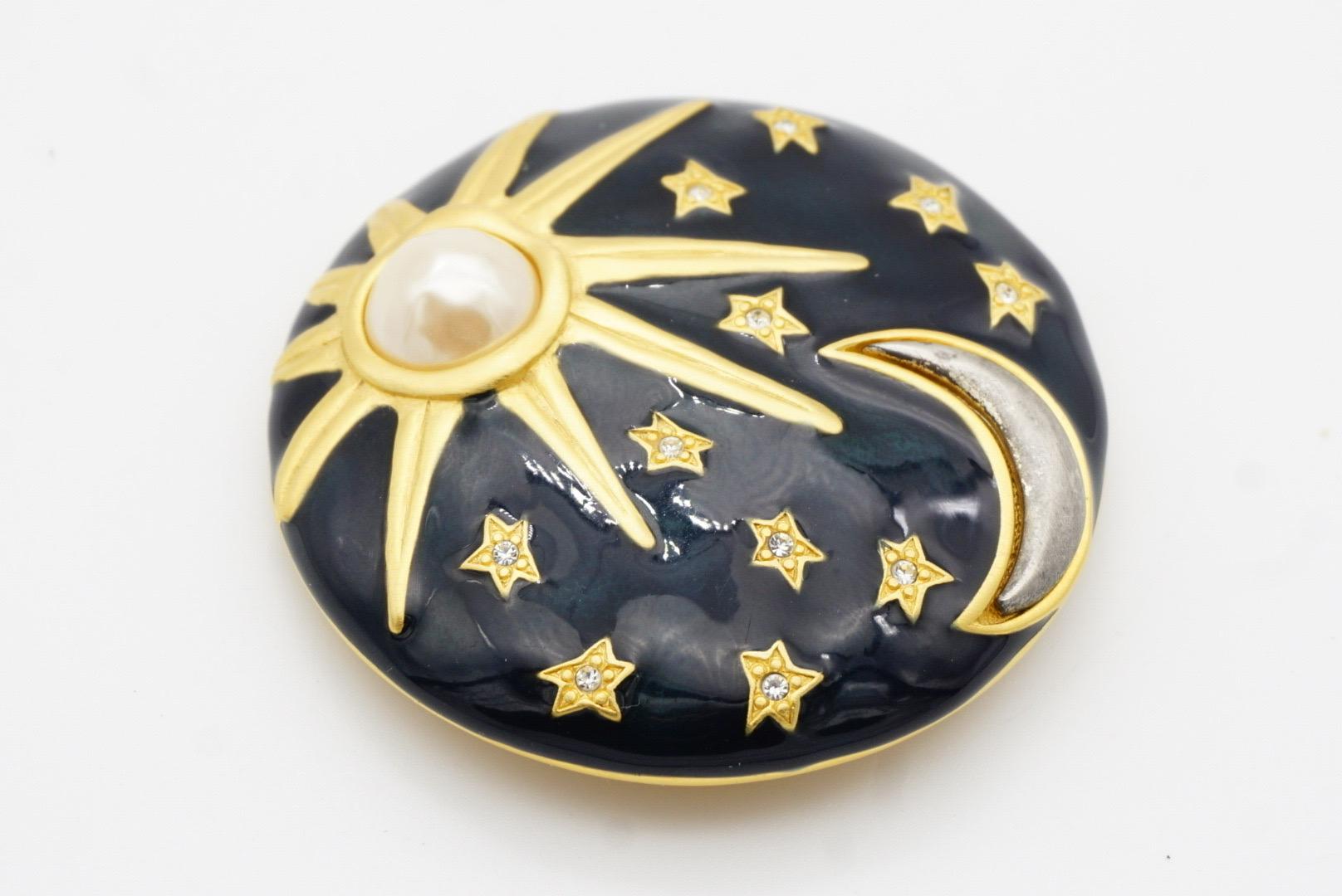 Karl Lagerfeld Vintage Large Navy Circle Sun Moon Stars Pearl Crystals Brooch For Sale 8