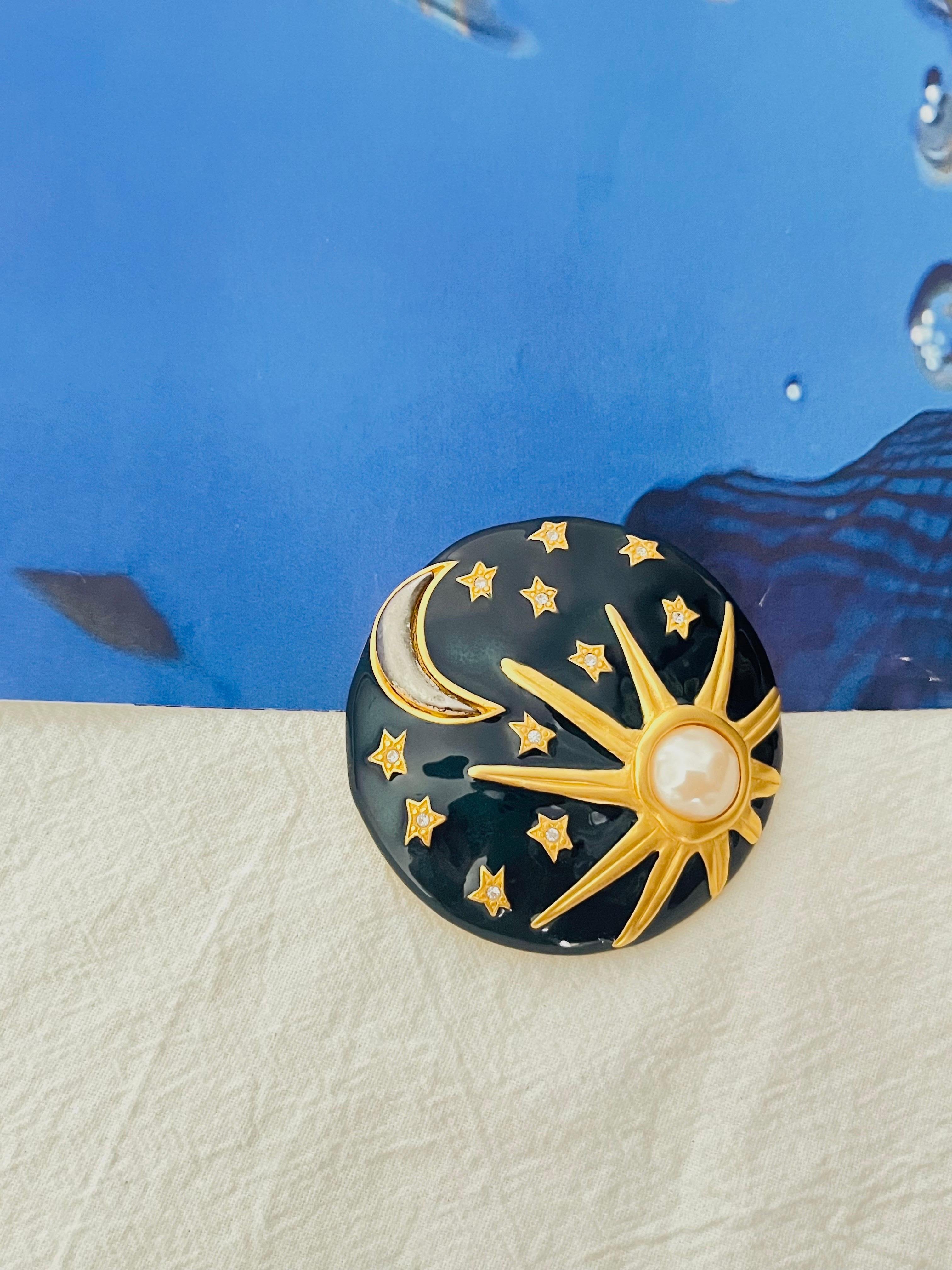 Art Deco Karl Lagerfeld Vintage Large Navy Circle Sun Moon Stars Pearl Crystals Brooch For Sale