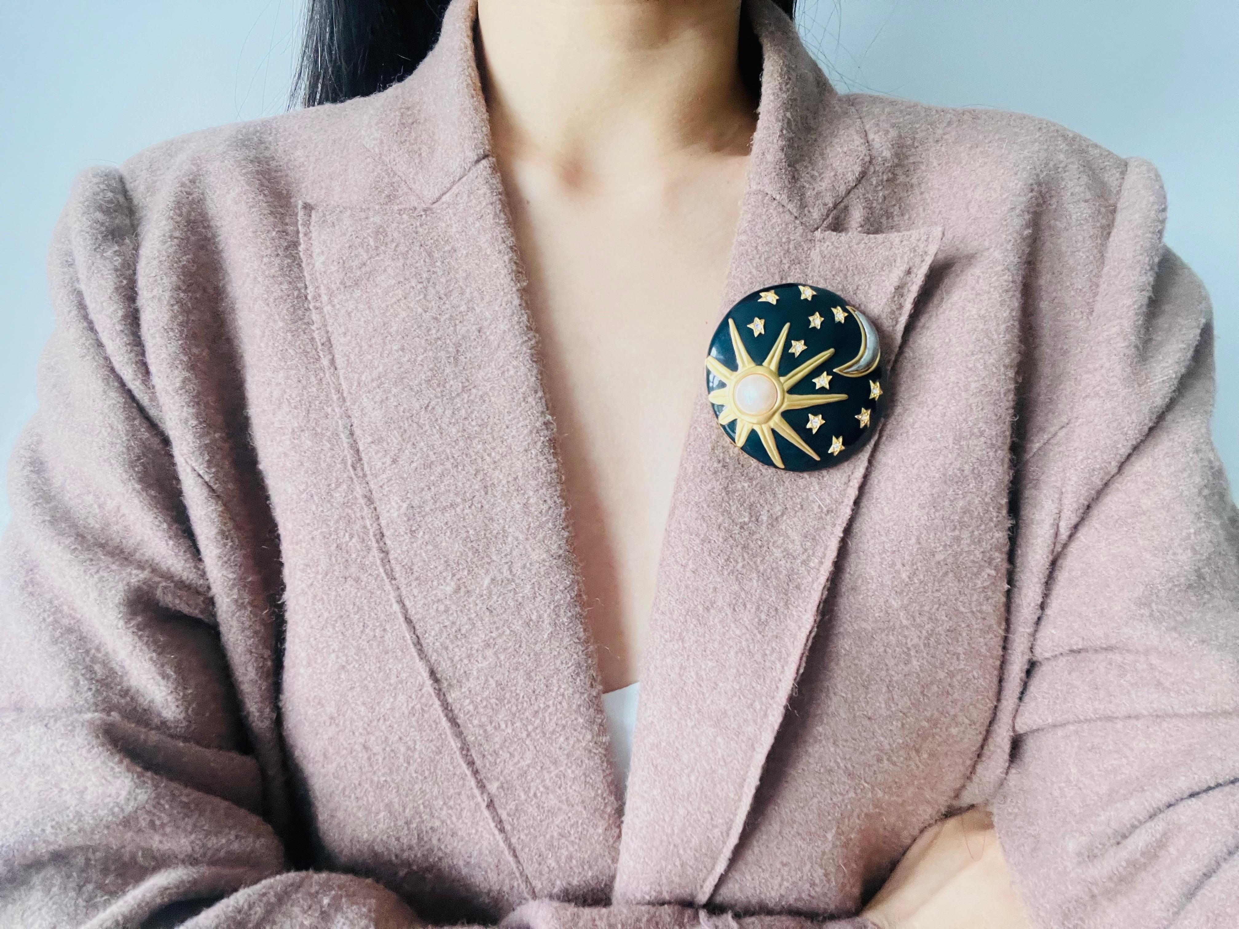 Karl Lagerfeld Vintage Large Navy Circle Sun Moon Stars Pearl Crystals Brooch For Sale 2