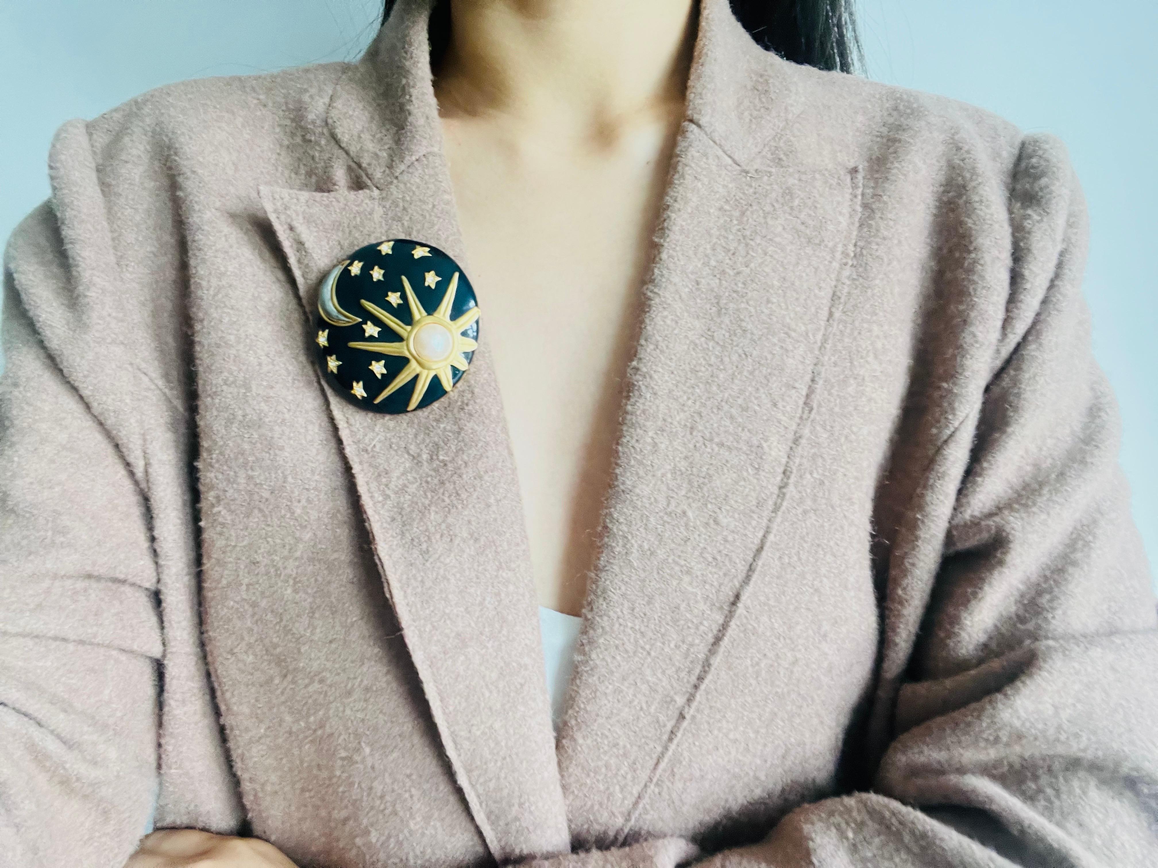 Karl Lagerfeld Vintage Large Navy Circle Sun Moon Stars Pearl Crystals Brooch For Sale 3