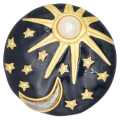 Karl Lagerfeld Vintage Large Navy Circle Sun Moon Stars Pearl Crystals Brooch