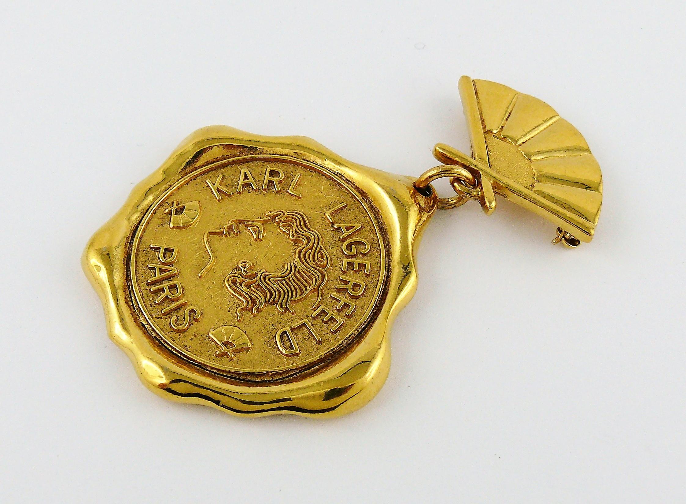 Karl Lagerfeld Vintage Massive Gold Toned Wax Seal and Fan Brooch For Sale 1