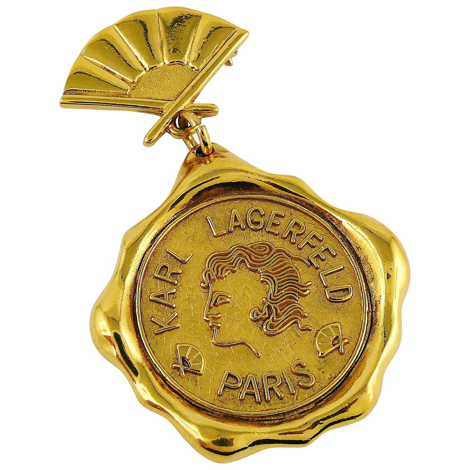 Karl Lagerfeld Vintage Massive Gold Toned Wax Seal and Fan Brooch For Sale