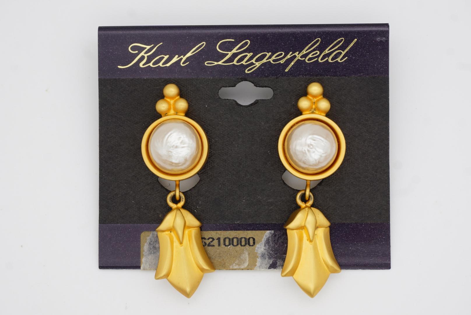 Karl Lagerfeld Vintage Matte Bow Circle White Pearl Leaf Drop Gold Clip Earrings For Sale 9