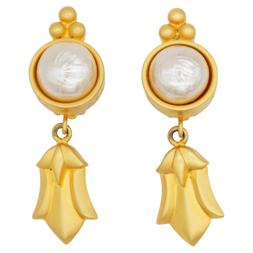 Karl Lagerfeld Vintage Matte Bow Circle White Pearl Leaf Drop Gold Clip Earrings For Sale
