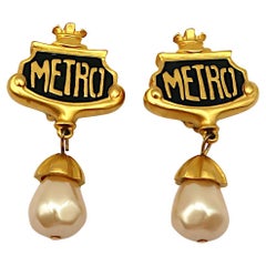 KARL LAGERFELD Vintage Parisian Metro Station Sign Dangle Earrings