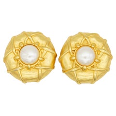 Karl Lagerfeld Vintage Rare Gold Matte Cross Circle Round White Pearl Earrings