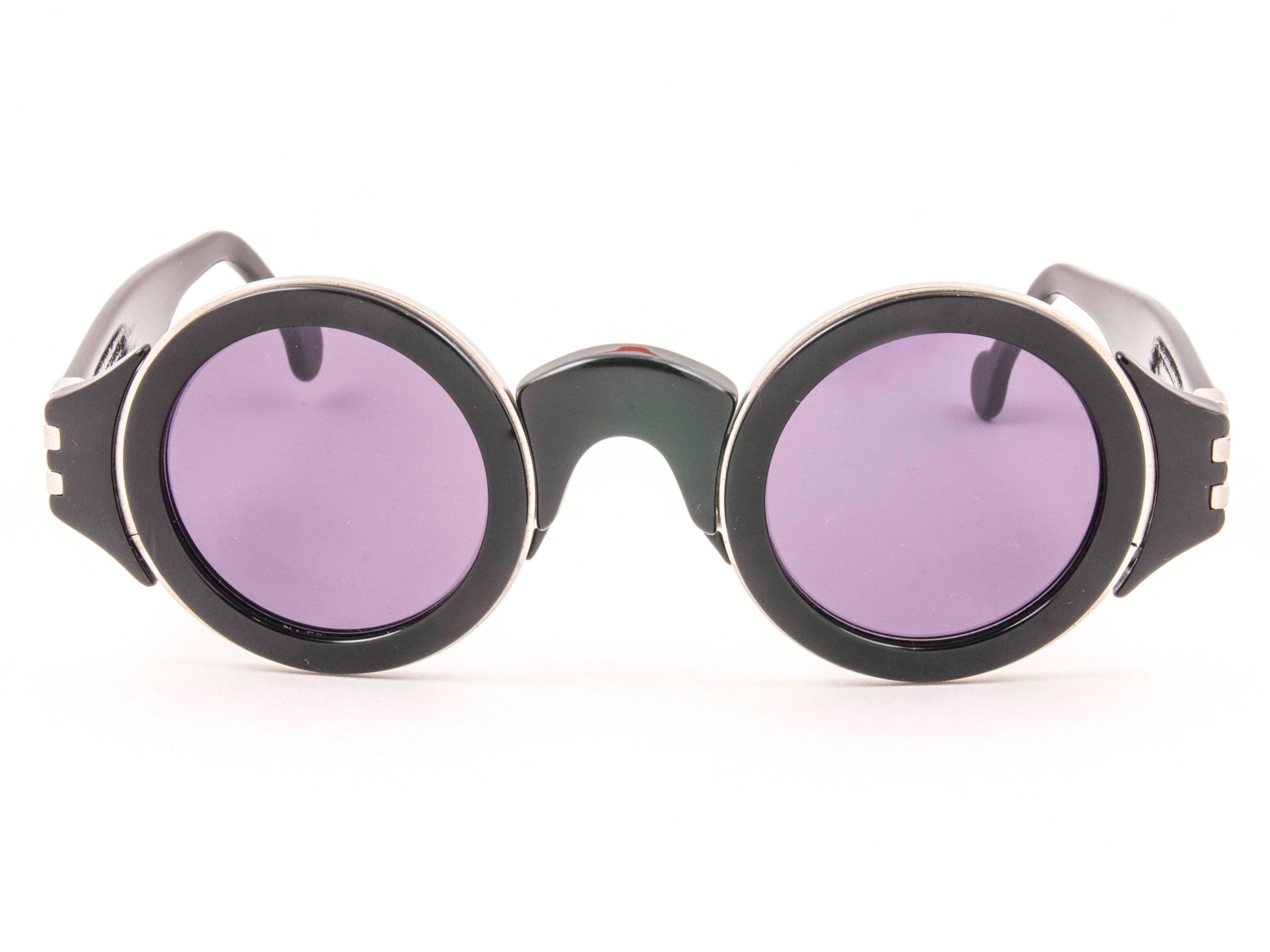 Gray Karl Lagerfeld Vintage Round Black and Silver Sunglasses Made In Germany, 1980s