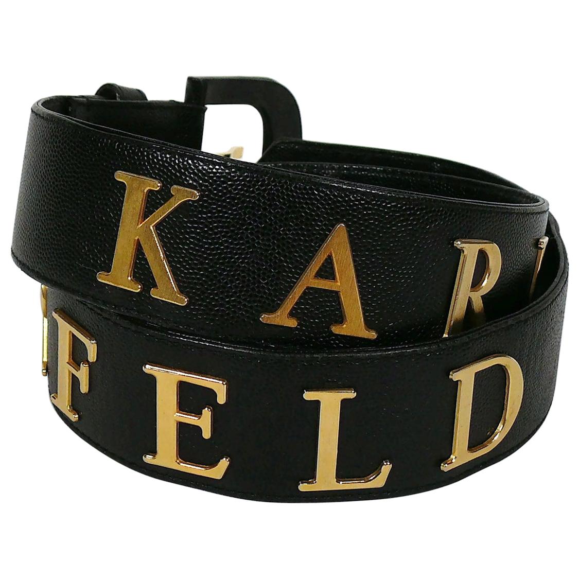 Karl Lagerfeld Vintage Spelled Letters Black Caviar Leather Belt