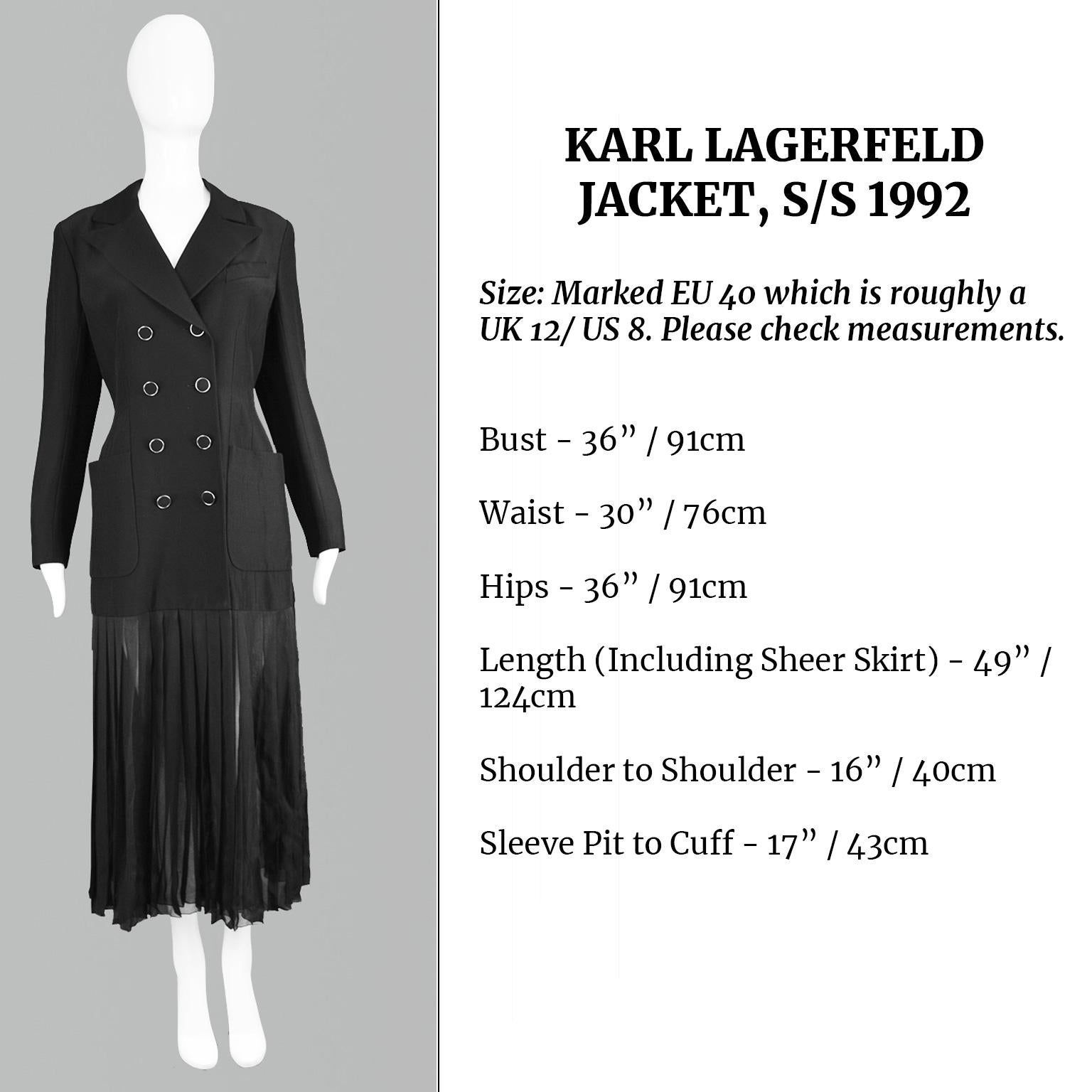 Karl Lagerfeld Vintage Tuxedo Pleated Black Chiffon Runway Maxi Jacket, S/S 1992 6