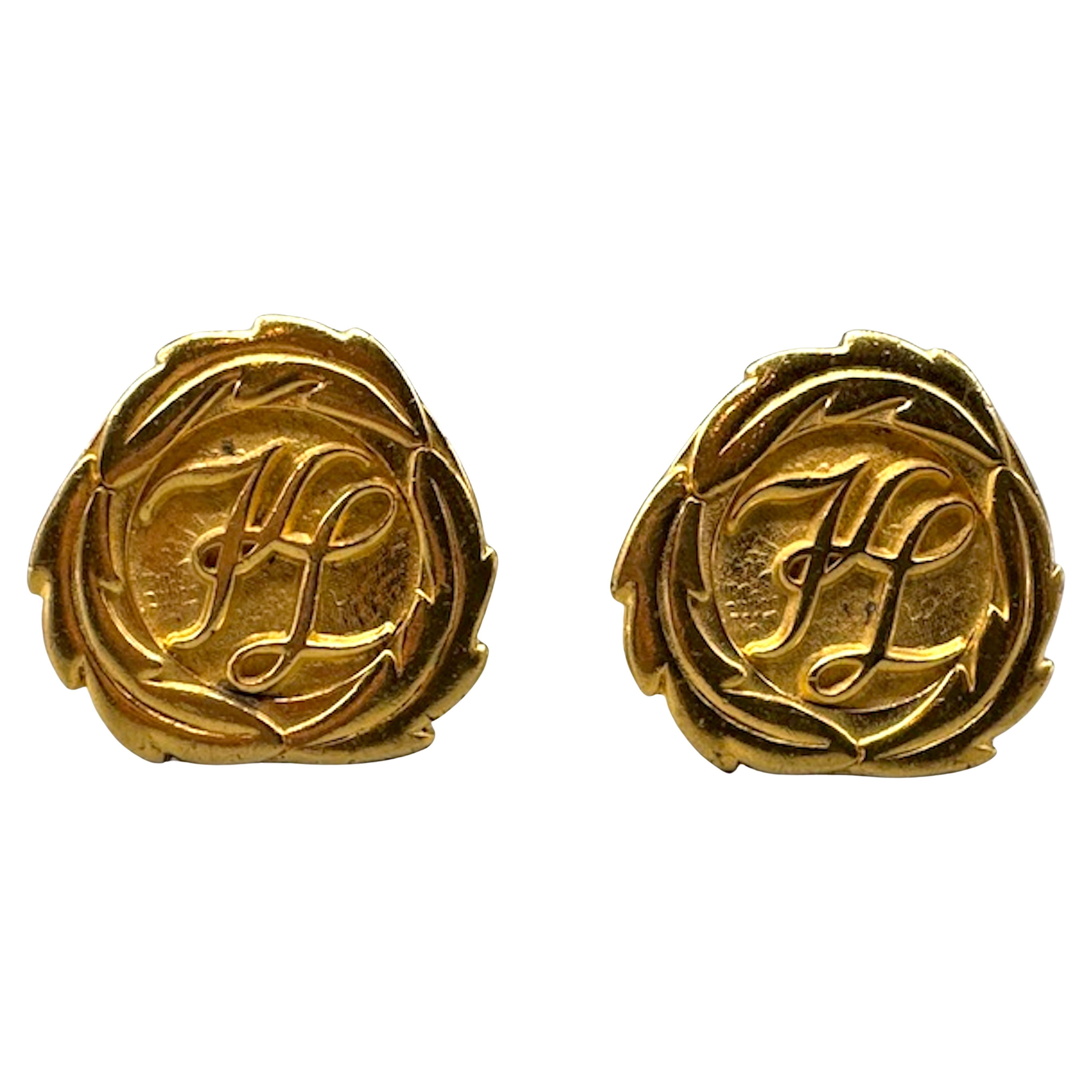 Karl Lagerfelf Gold Logo Button Earrings For Sale